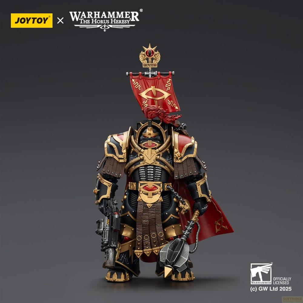 Postać Warhammer w zbroi z bronią i sztandarem.