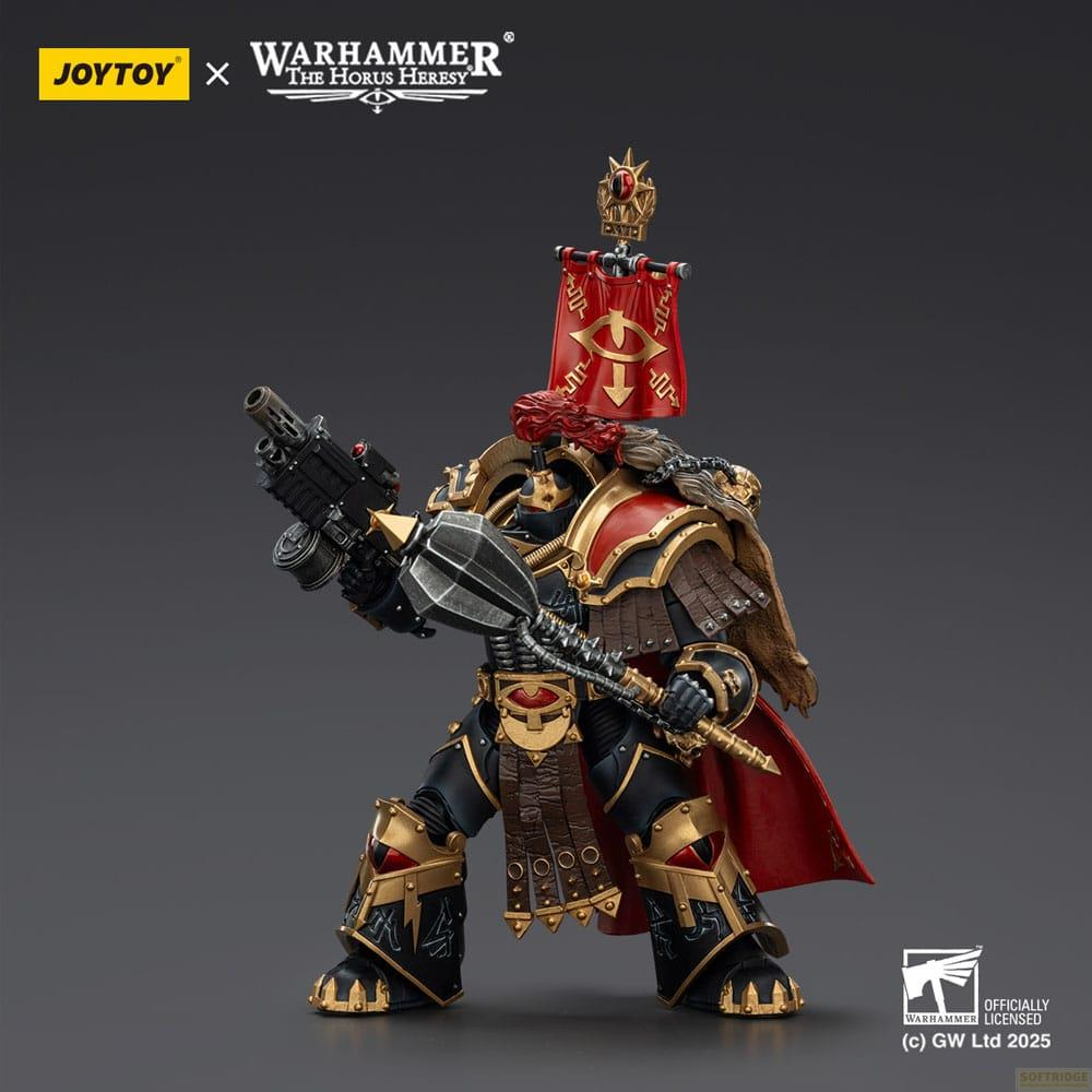 Postać Warhammer w zbroi z bronią i sztandarem.