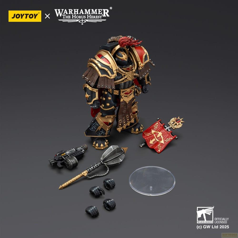 Postać Warhammer w zbroi z bronią, rękami i sztandarem.