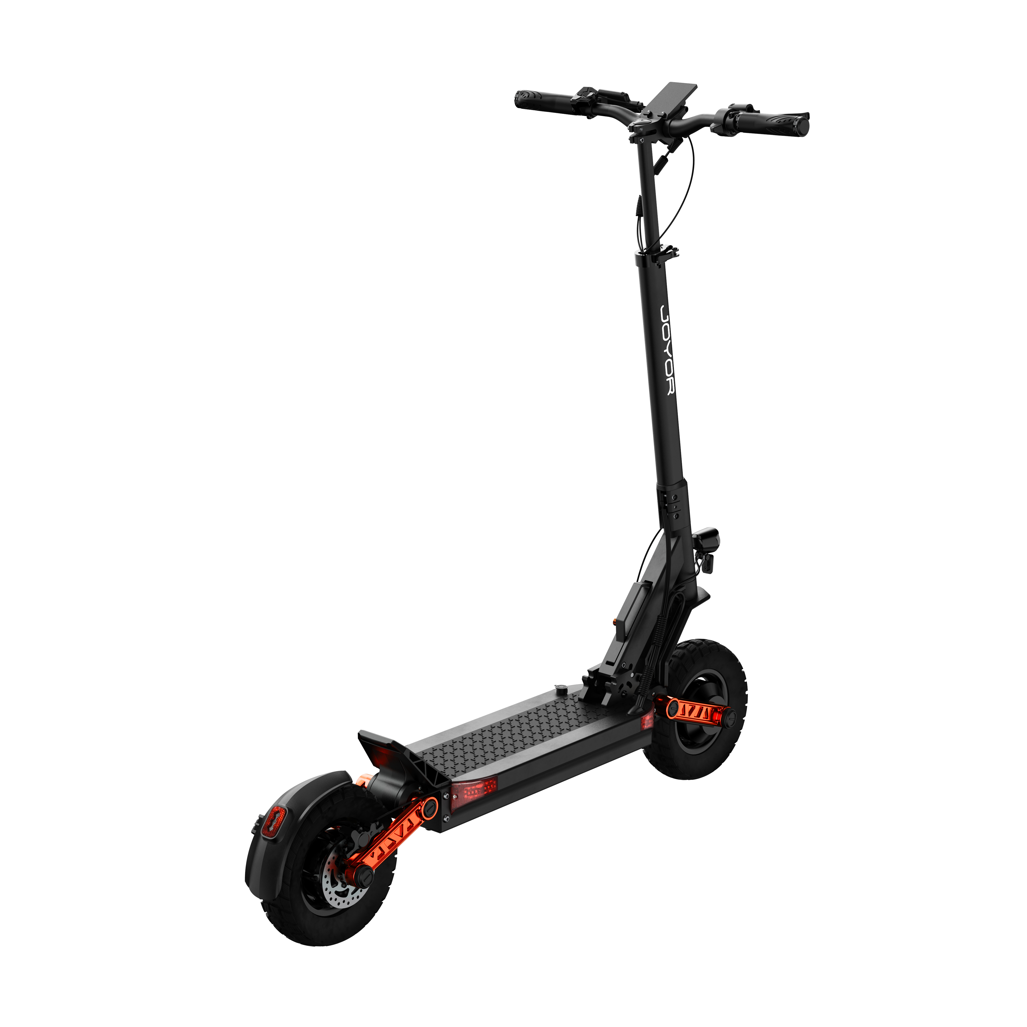 Monopattino elettrico nero con accenti arancioni, ruote grosse e manopole.