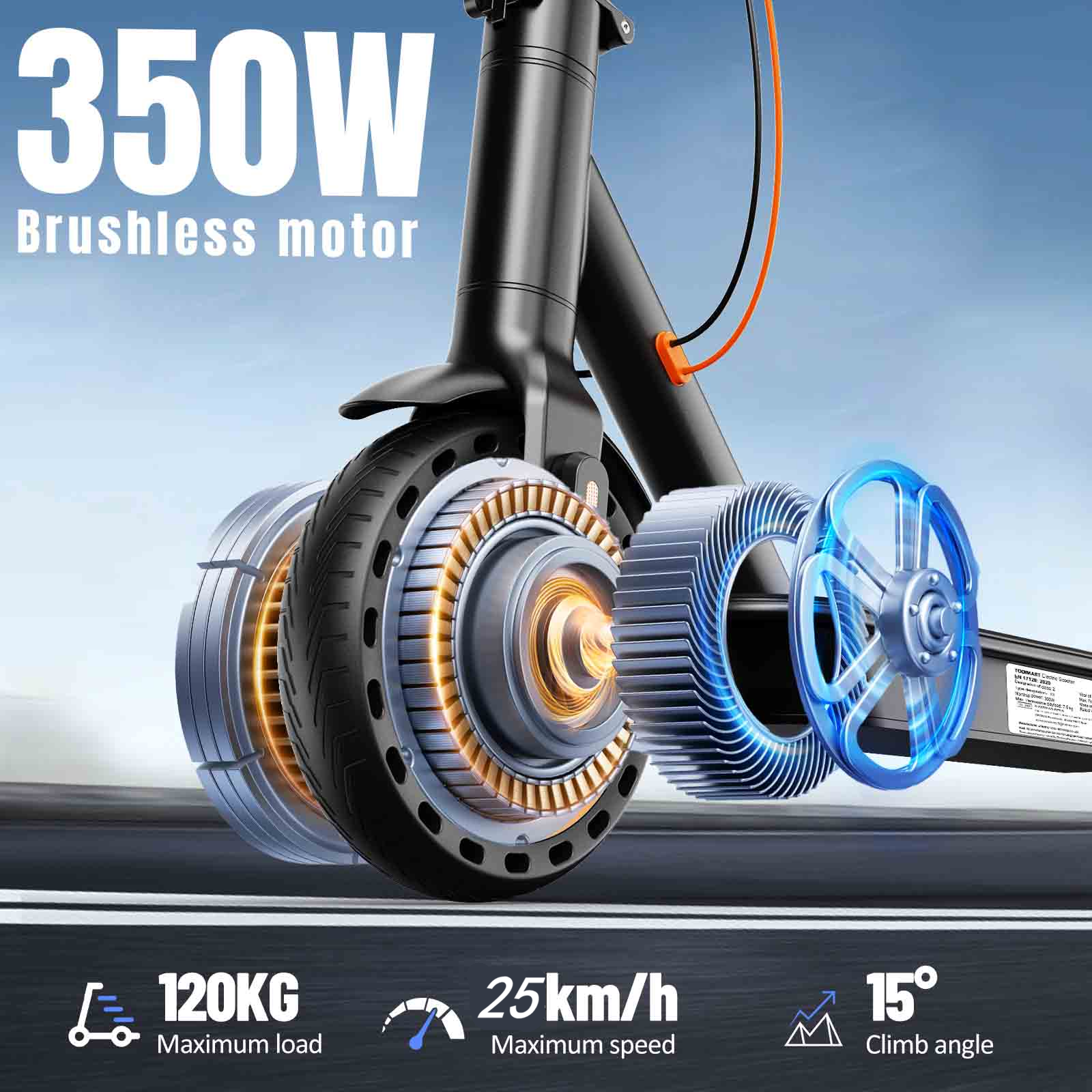 Dettagli monopattino elettrico: motore 350W, carico 120kg, 25km/h, 15°.