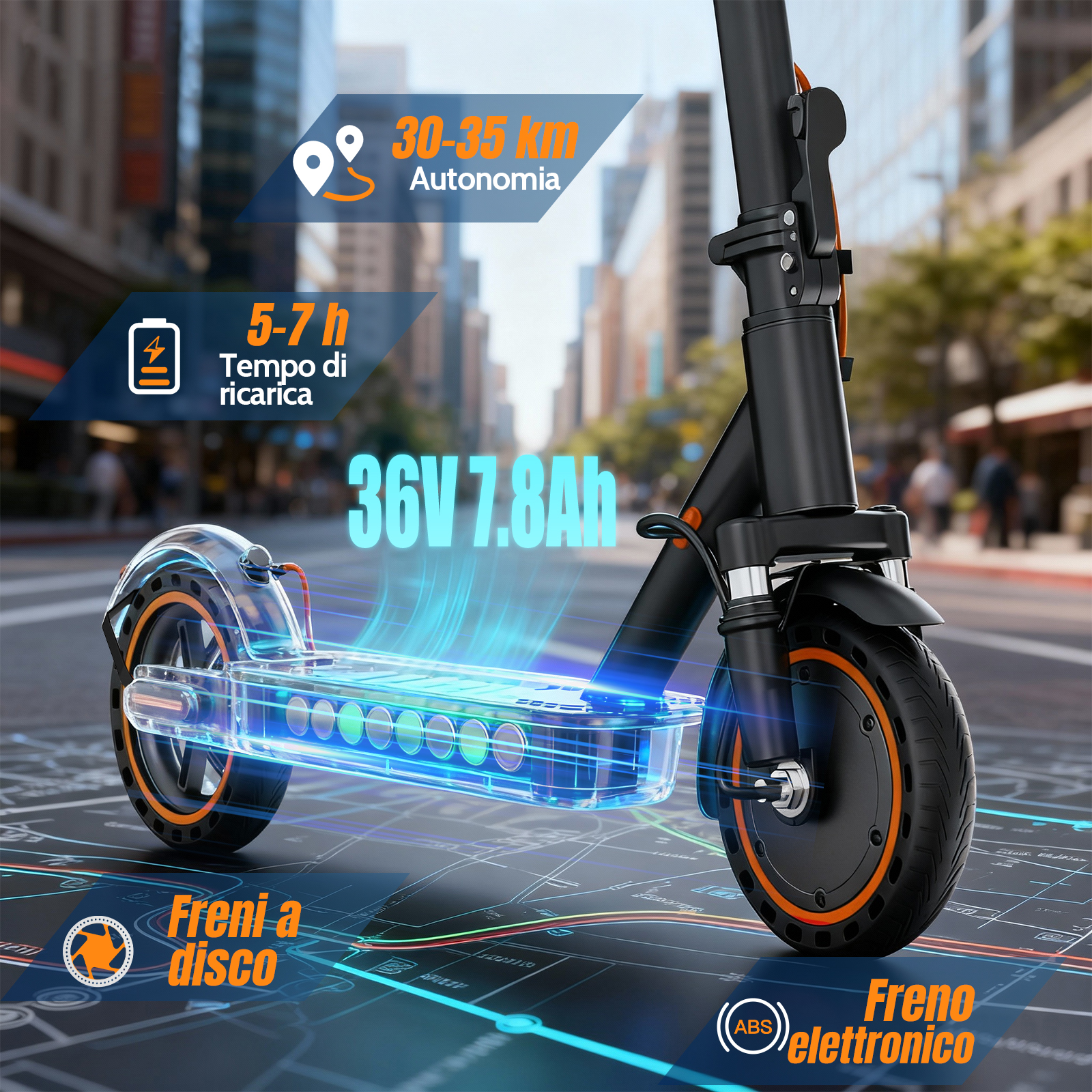 Monopattino elettrico 30-35 km autonomia, 5-7h ricarica, 36V 7.8Ah, freni disco.