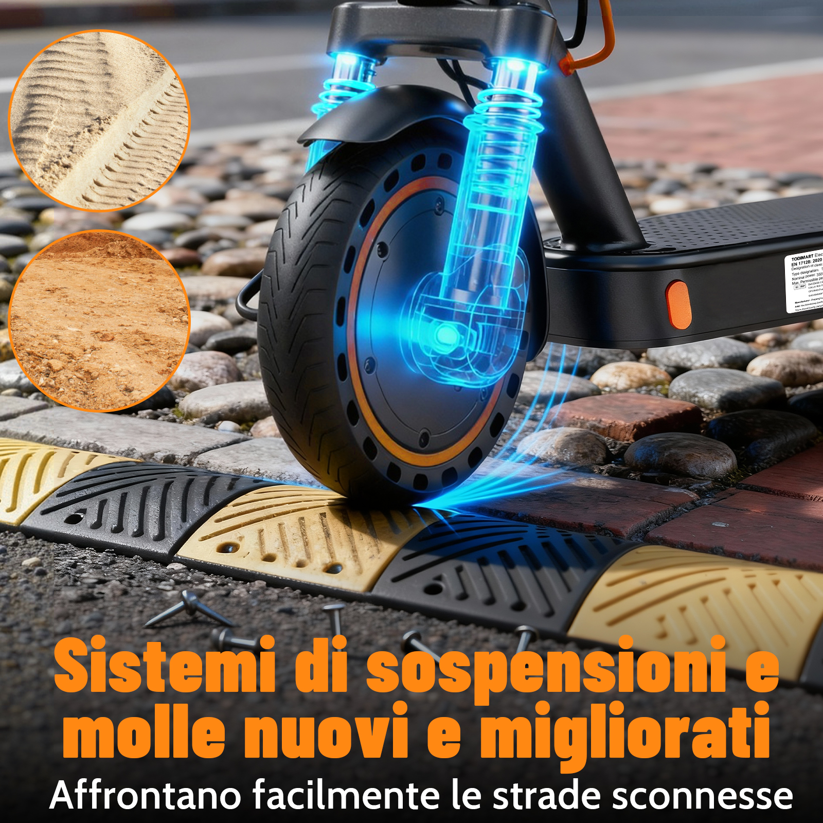 Ruota anteriore e-scooter su dosso, nuovo sistema di sospensioni in evidenza.