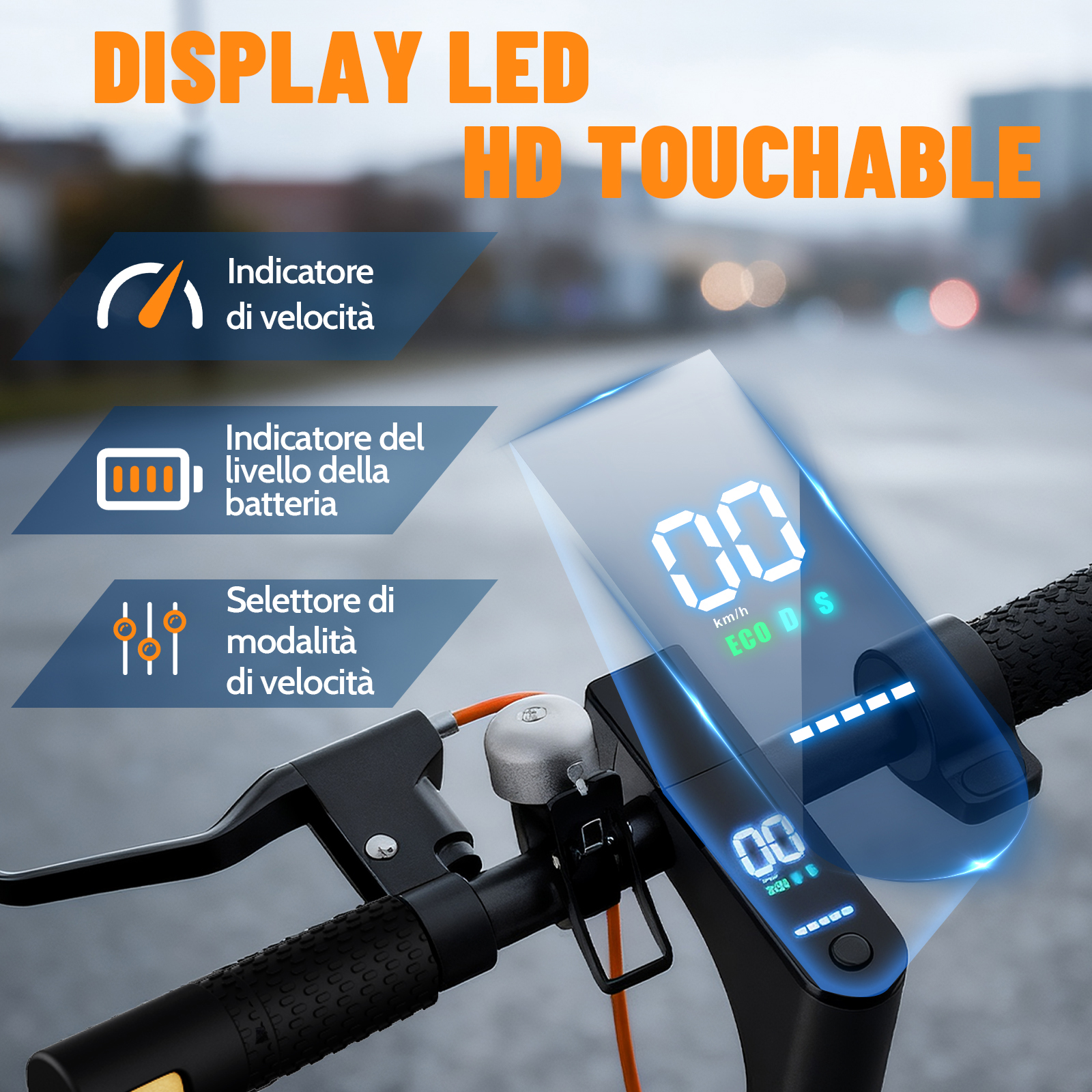 Il display di un monopattino mostra velocità, batteria e selezione modalità.