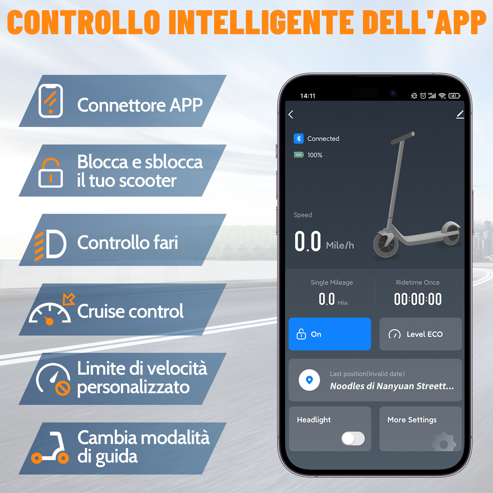 Controllo app: Connettore, Blocca, Faro, Cruise control, Limite velocità, Modalità guida.