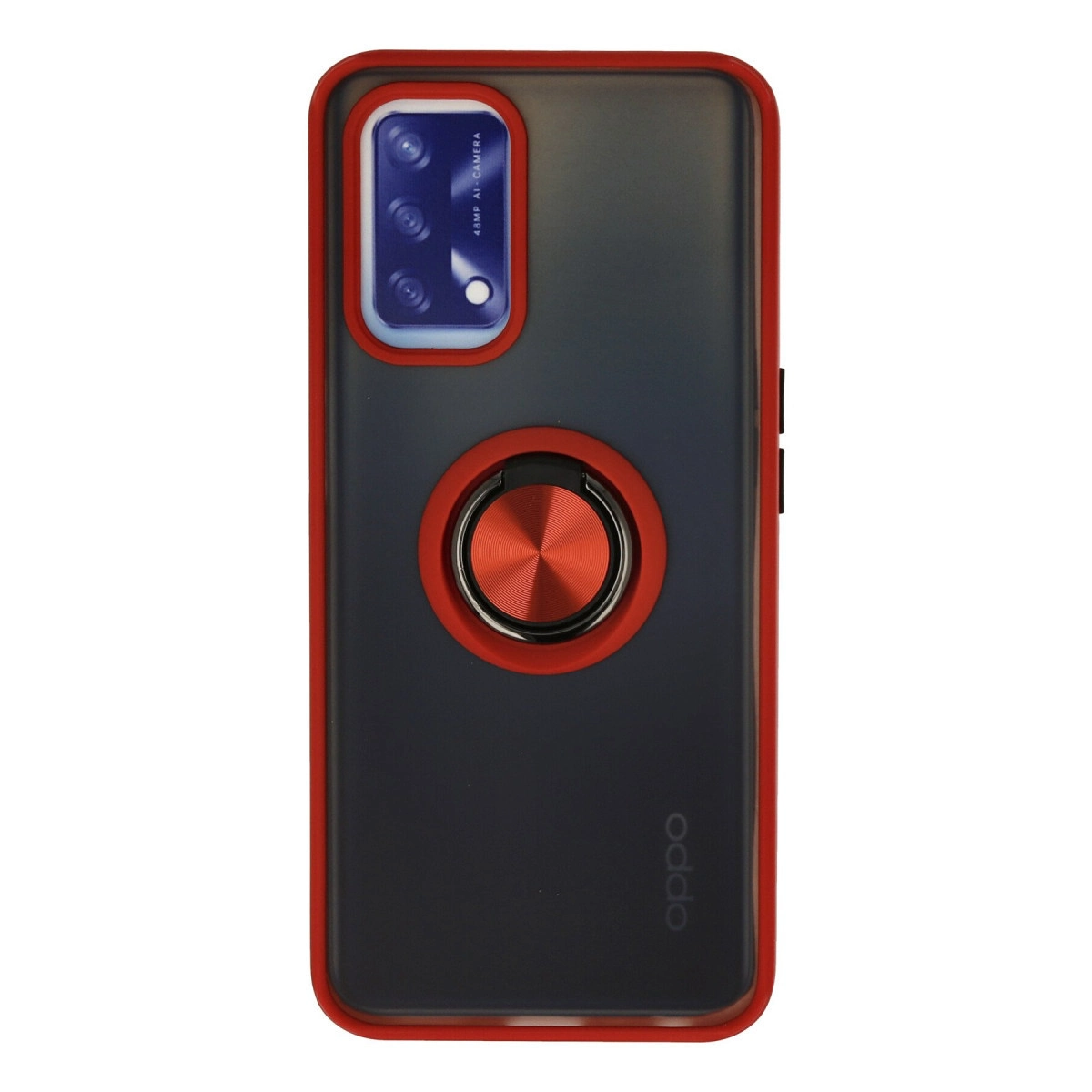 Kırmızı kenarlı ve halka tutuculu siyah telefon kılıfı. Sol üstte kamera modülü.