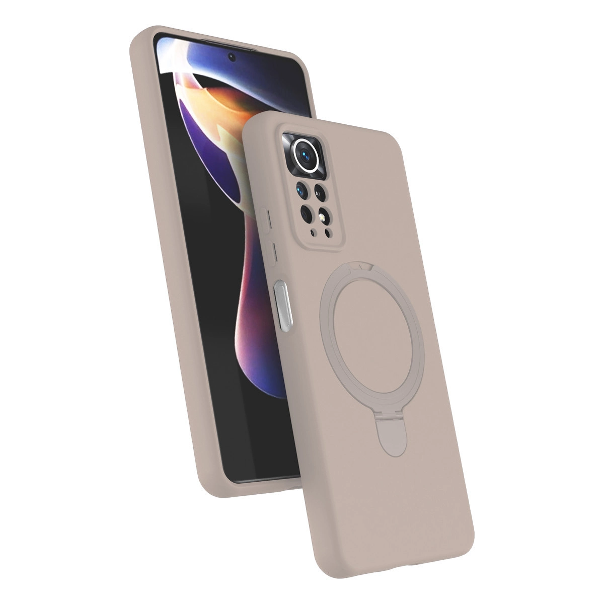 Beyaz arka plan üzerinde taupe rengi telefon, kılıfı ve halka tutucusu.