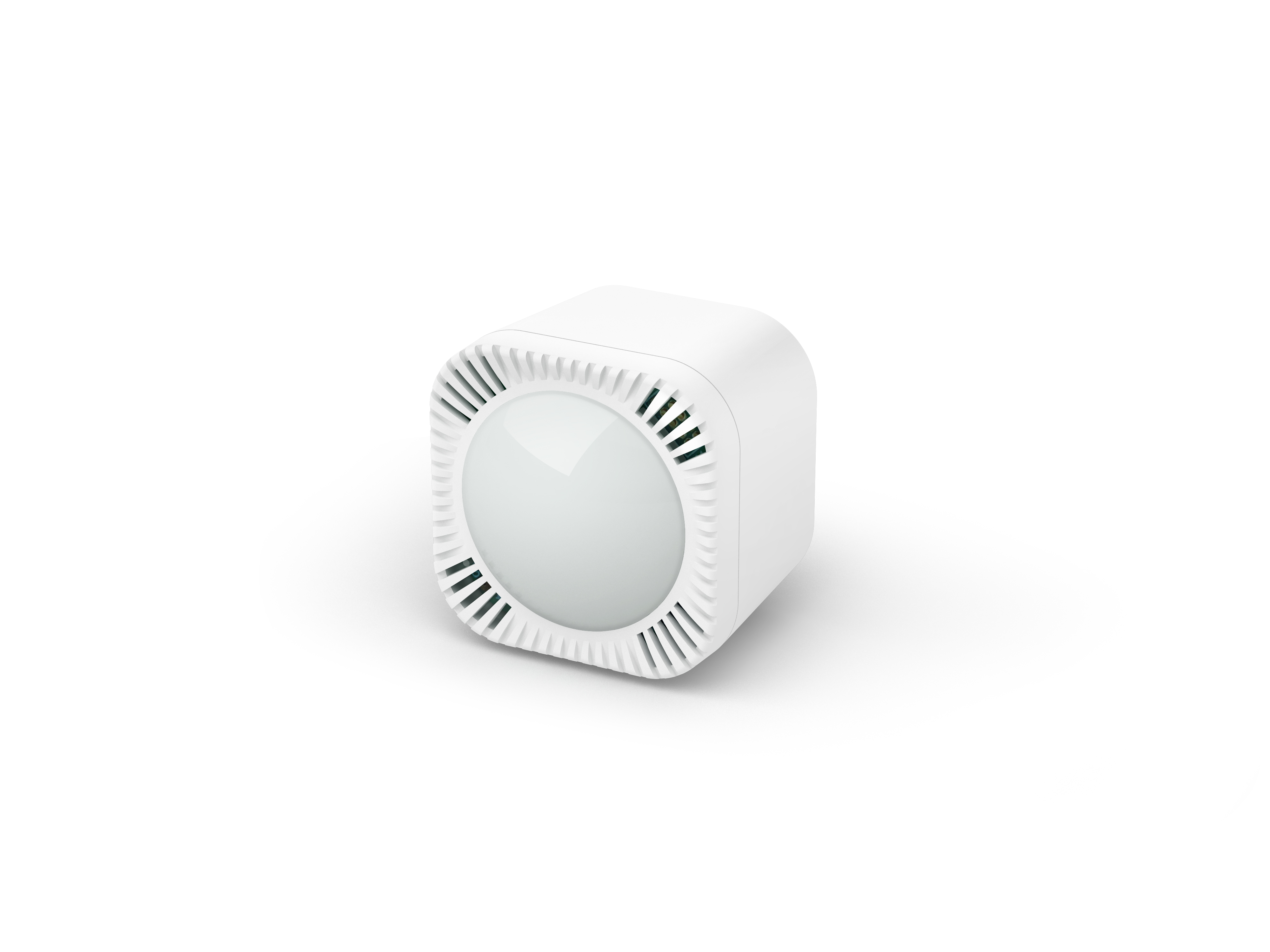 Un dispositivo bianco, a forma di cubo, con prese d'aria e un frontale rotondo e lattiginoso.