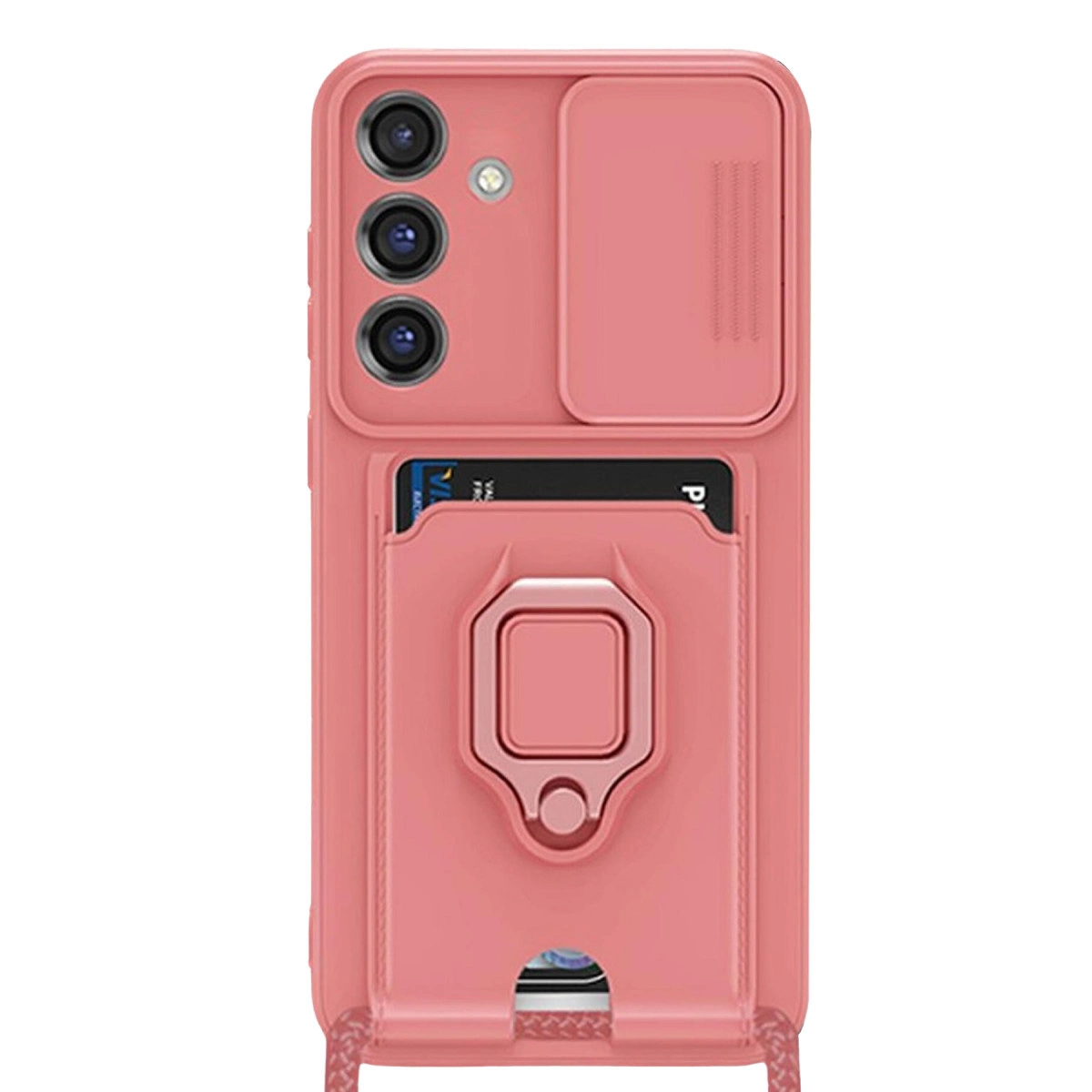 Üç kameralı, kartlıklı ve halkalı pembe telefon kılıfı.