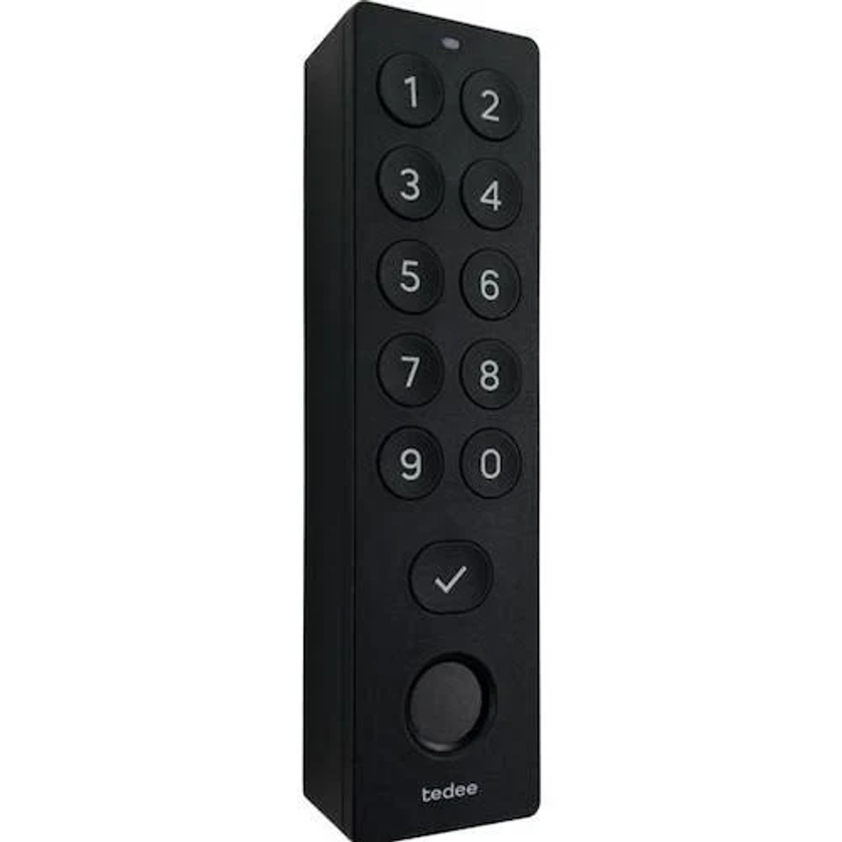 Teclado negro para entrada de códigos con números 0-9, marca de verificación y logo Tedee.