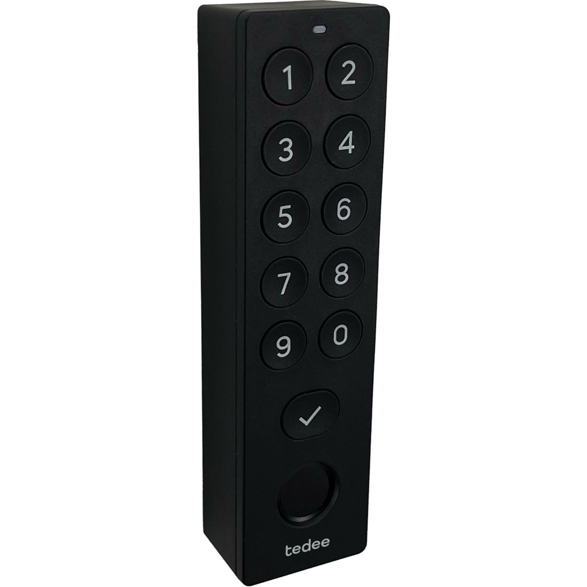 Control remoto negro con teclado numérico del 0 al 9, una marca y un círculo.
