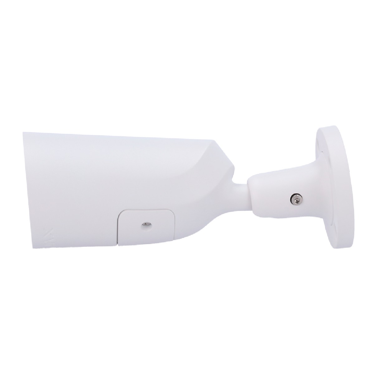 Una cámara de seguridad blanca con brazo ajustable y base de montaje redonda.