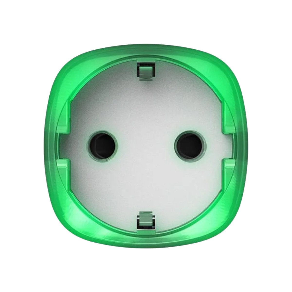Adaptador de enchufe verde con dos agujeros redondos y fondo plateado.