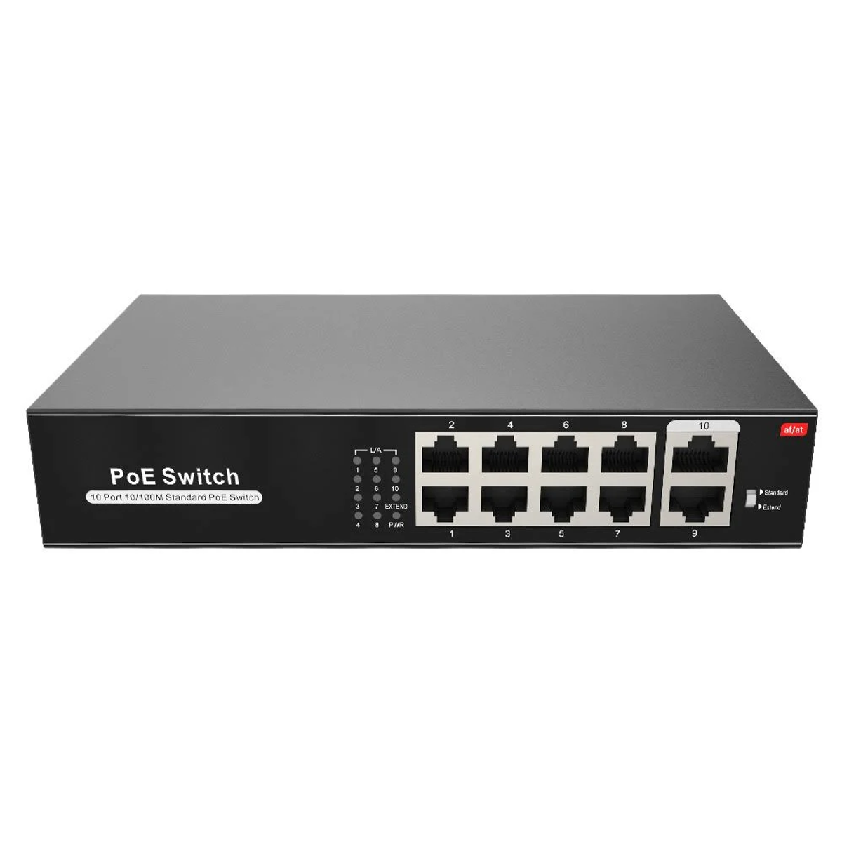 Un switch PoE negro de 10 puertos con 8 puertos Ethernet arriba y 2 abajo.