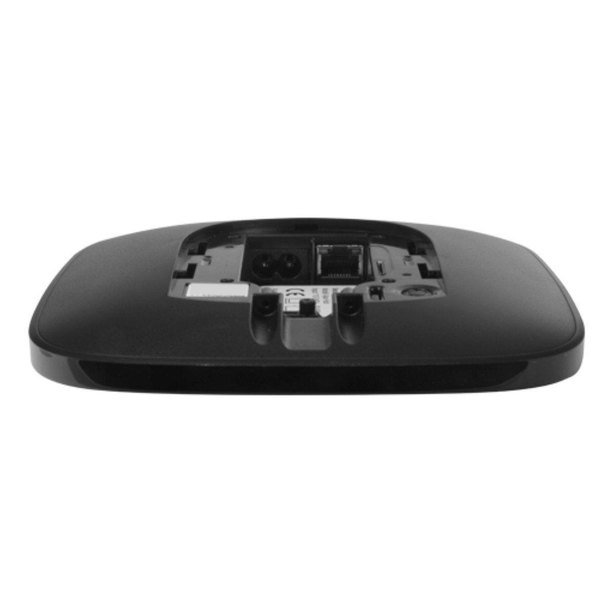 Dispositivo negro con puertos, puerto ethernet y conector de alimentación.