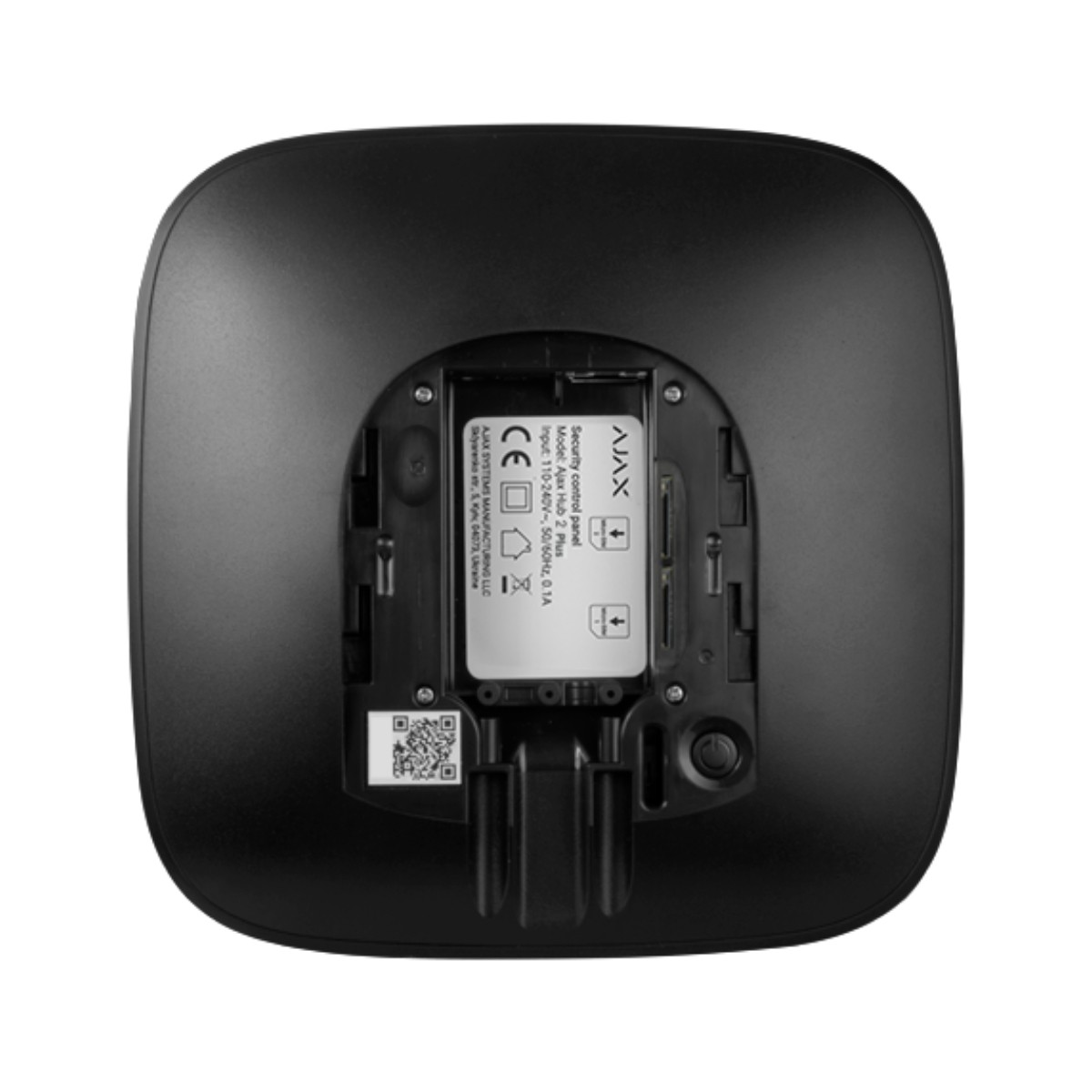 Parte trasera de un panel de seguridad Ajax Hub 2 Plus negro con etiqueta.