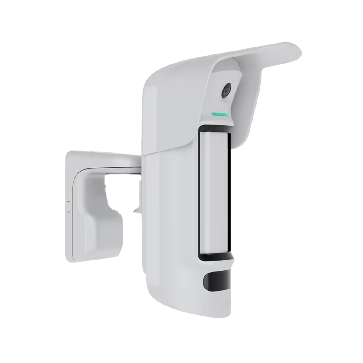 Un sensor de movimiento blanco con cámara y cubierta protectora, montado en pared.