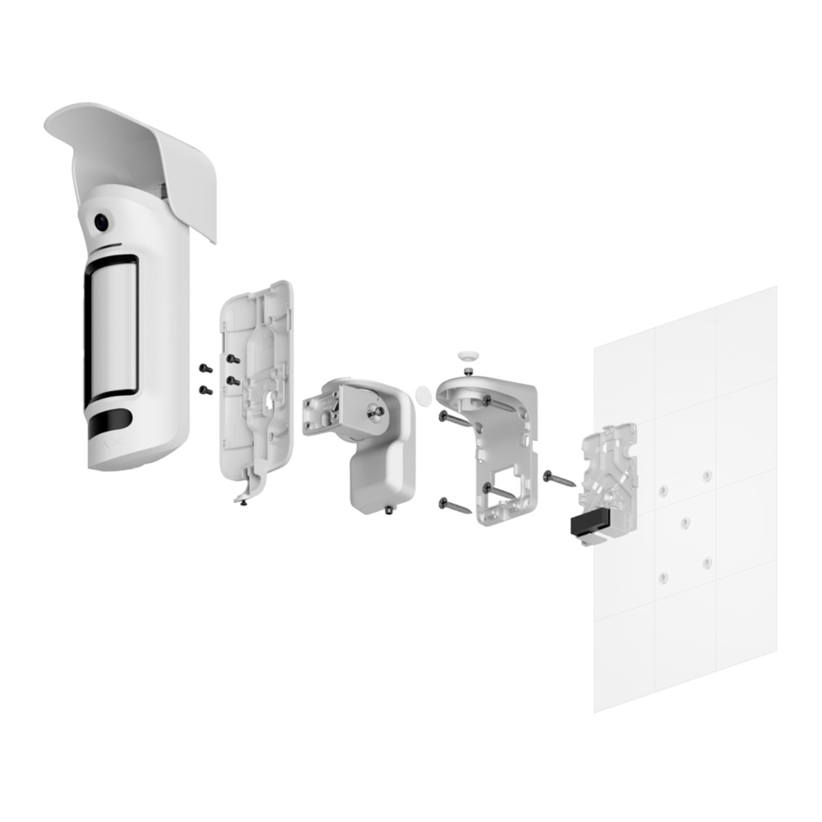 Vista explosionada de un sensor de seguridad blanco y sus piezas de soporte.