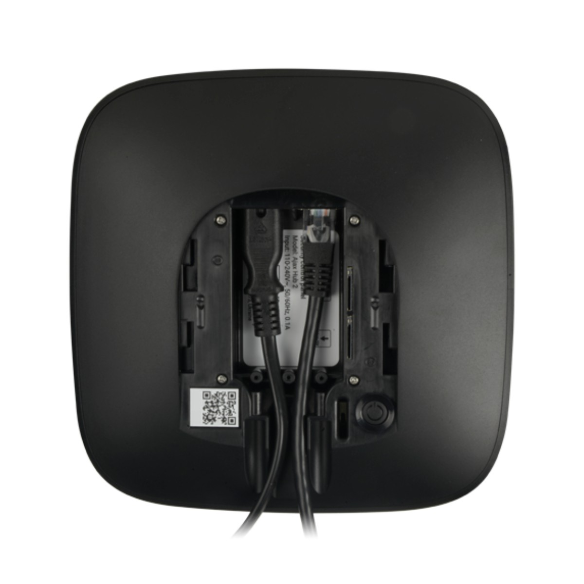 Parte trasera de un panel de seguridad negro Ajax Hub 2 con cables y código QR.