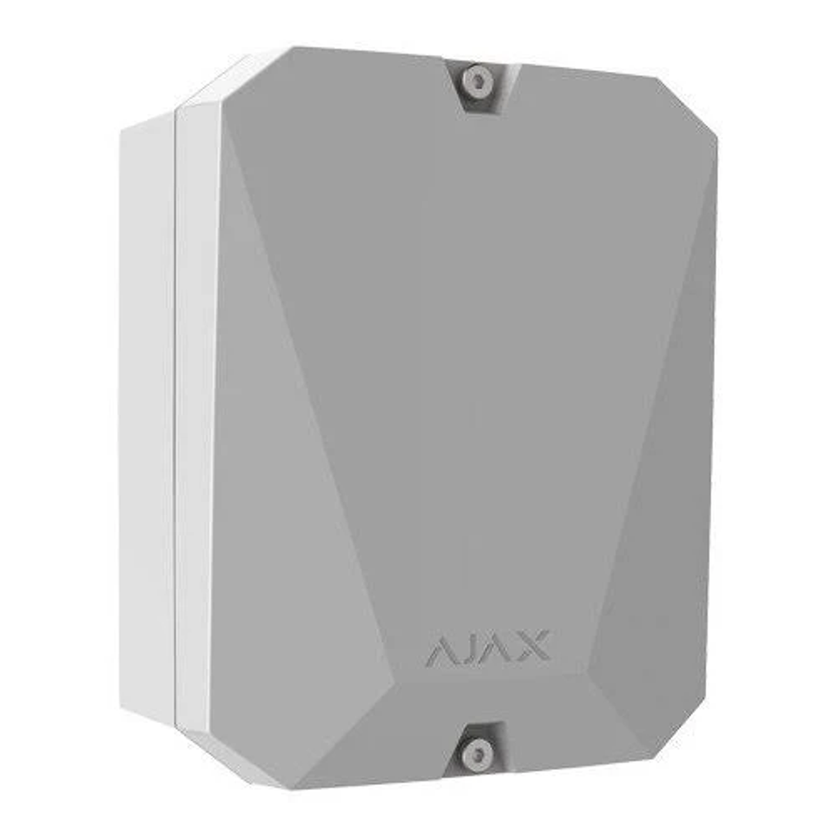 Caja gris con logo AJX, con tornillos arriba y abajo.