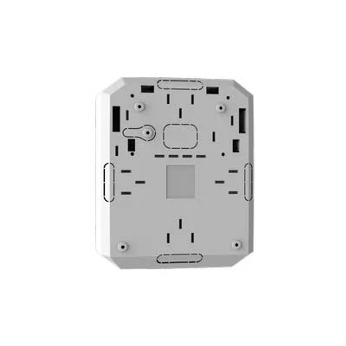 Parte inferior de un dispositivo blanco y angular con varios recortes y puntos de montaje.