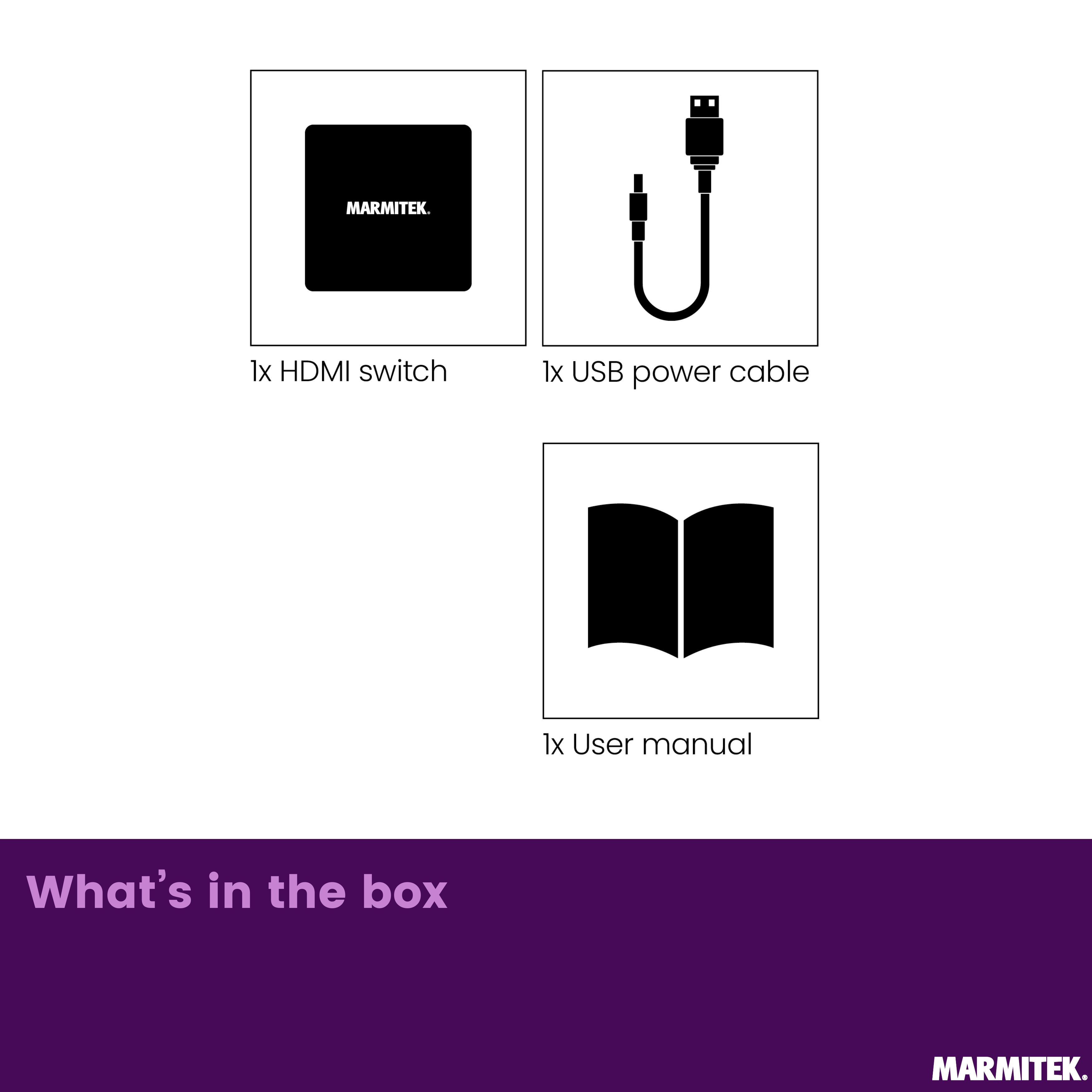 Contenu de la boîte : commutateur HDMI, câble d'alimentation USB, manuel.
