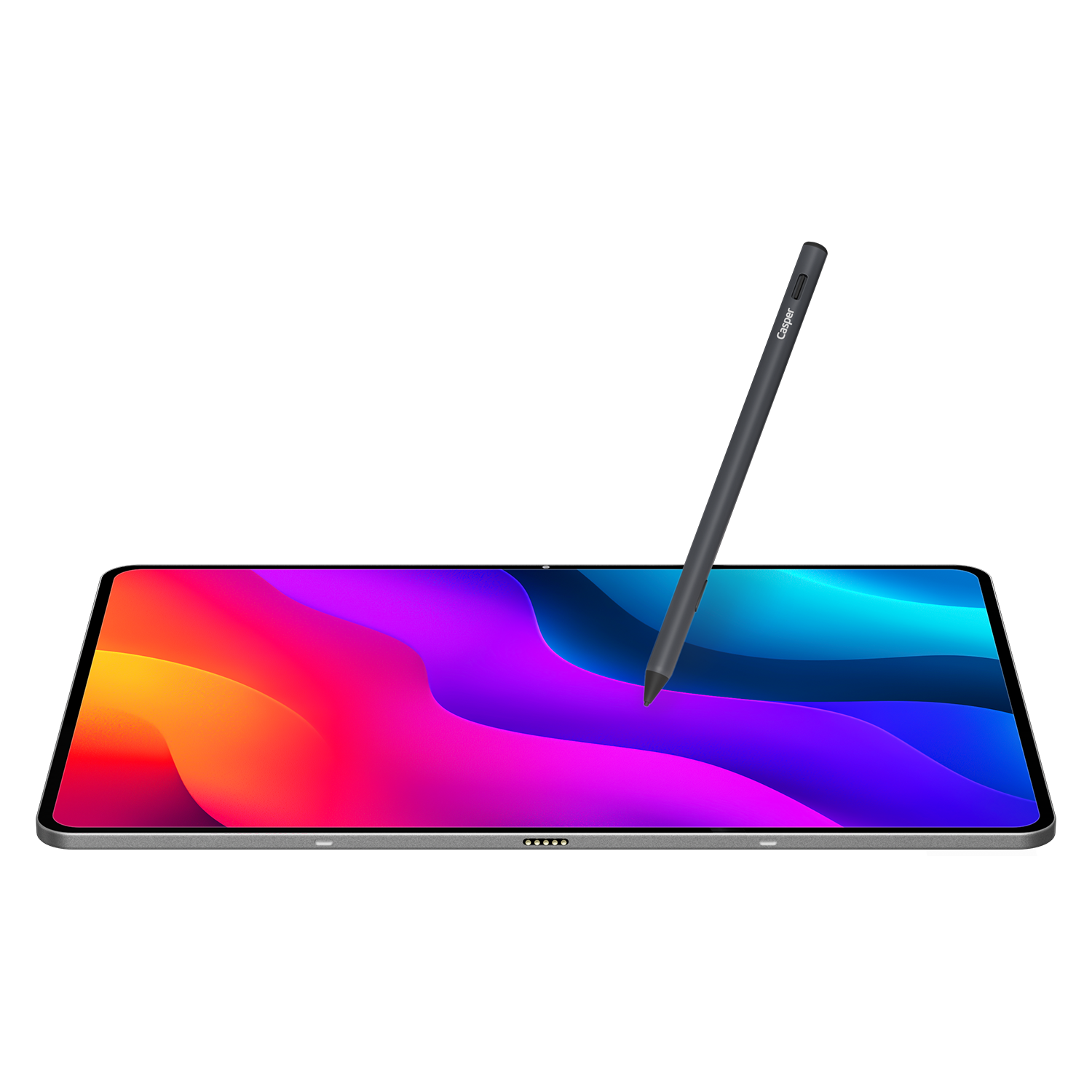 Renkli dalgalar gösteren bir tablette gri bir kalem bulunuyor.