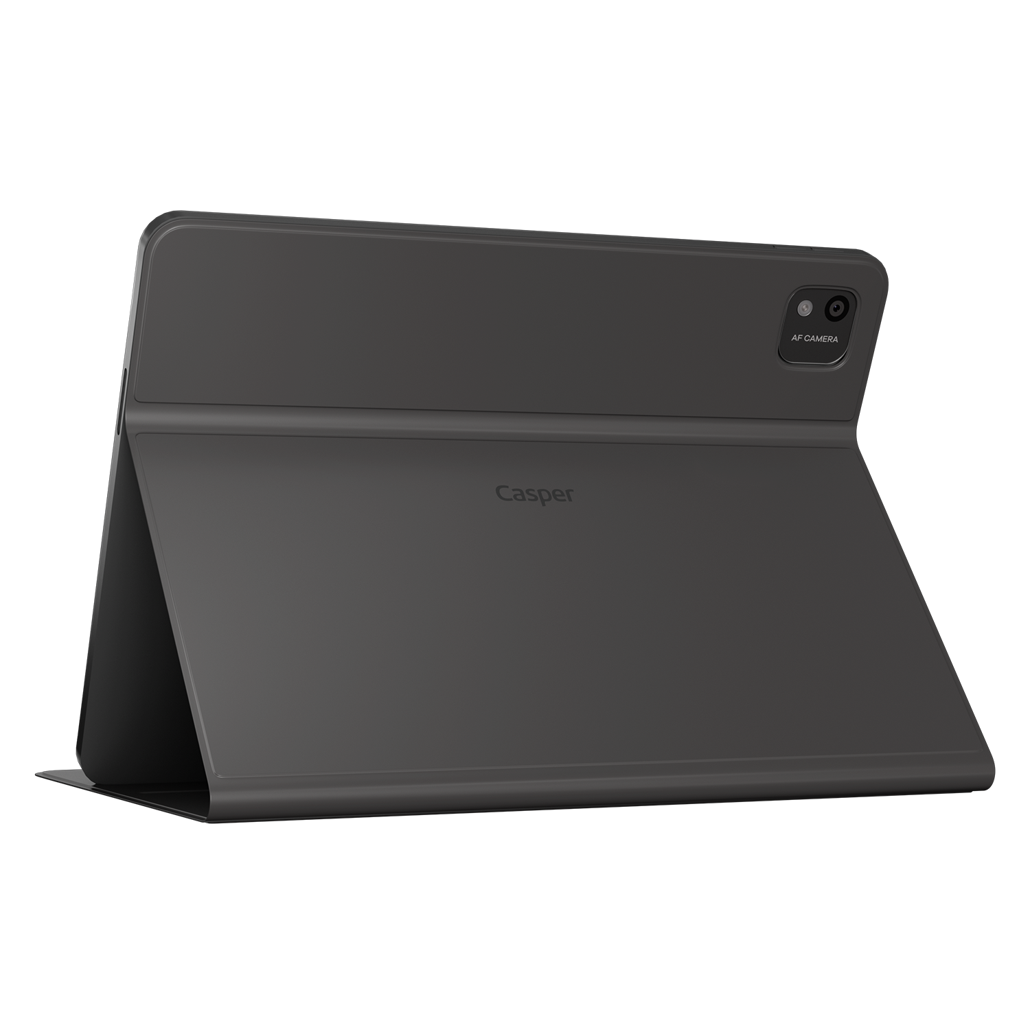 Koyu gri tablet kılıfıyla ayakta duruyor. Kılıfta kamera bulunur.