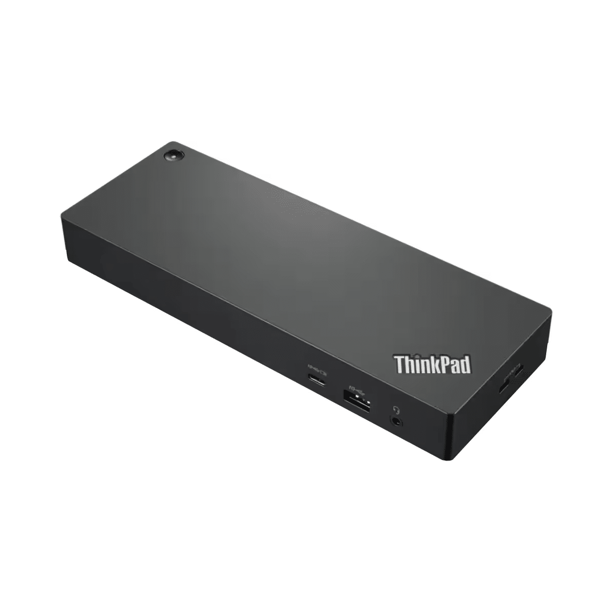 Schwarzes ThinkPad Dock mit Anschlüssen wie USB-C und Kopfhörerbuchse.