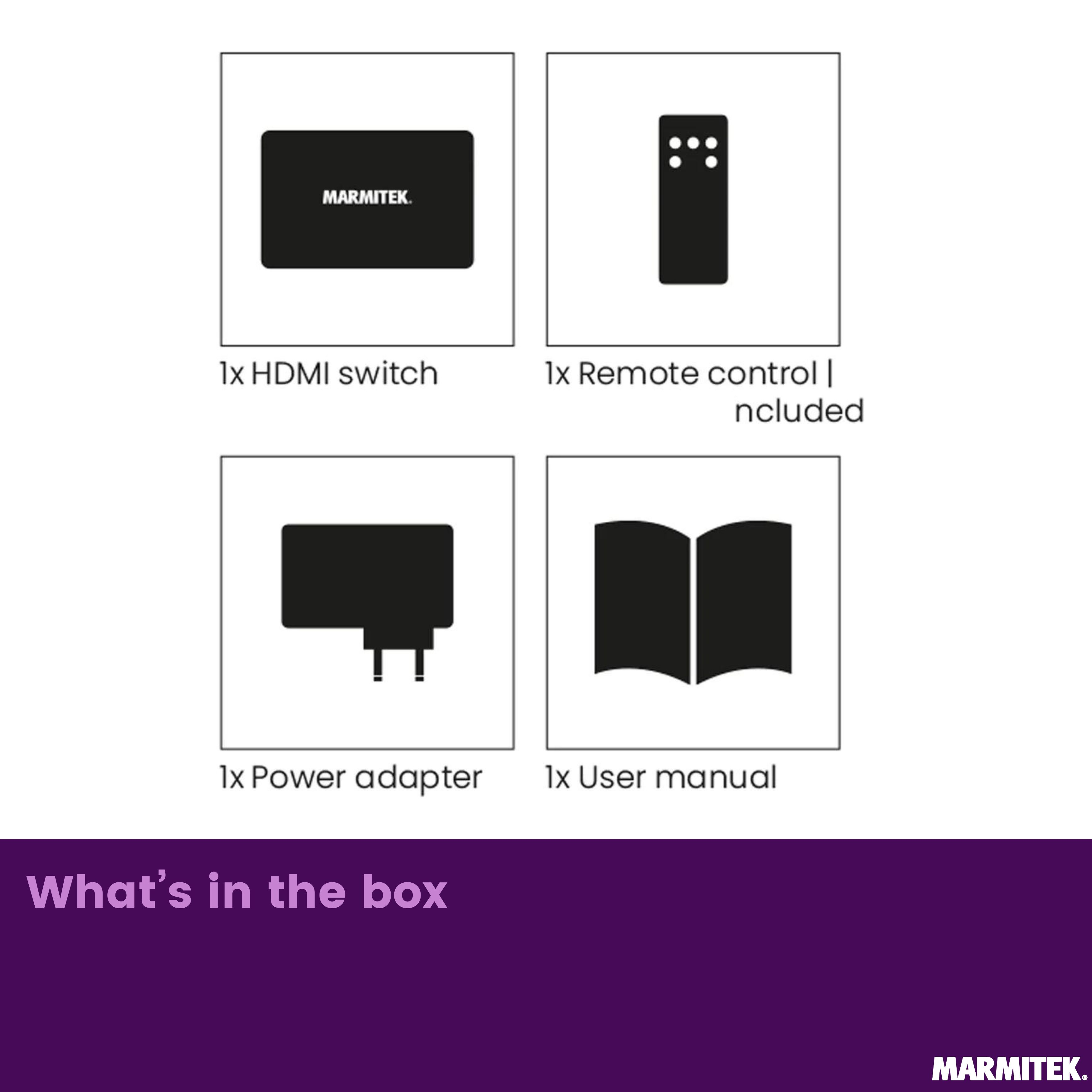 Inhoud van de doos: HDMI-schakelaar, afstandsbediening, stroomadapter, handleiding.