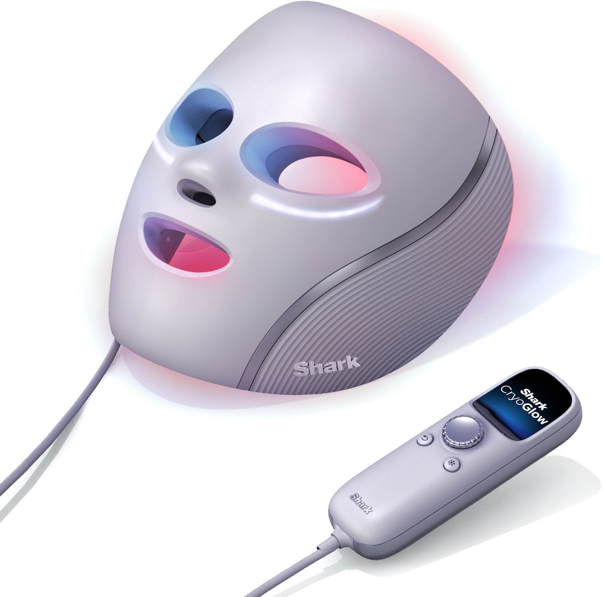 A gray LED facial mask and a remote device with illuminated lights.