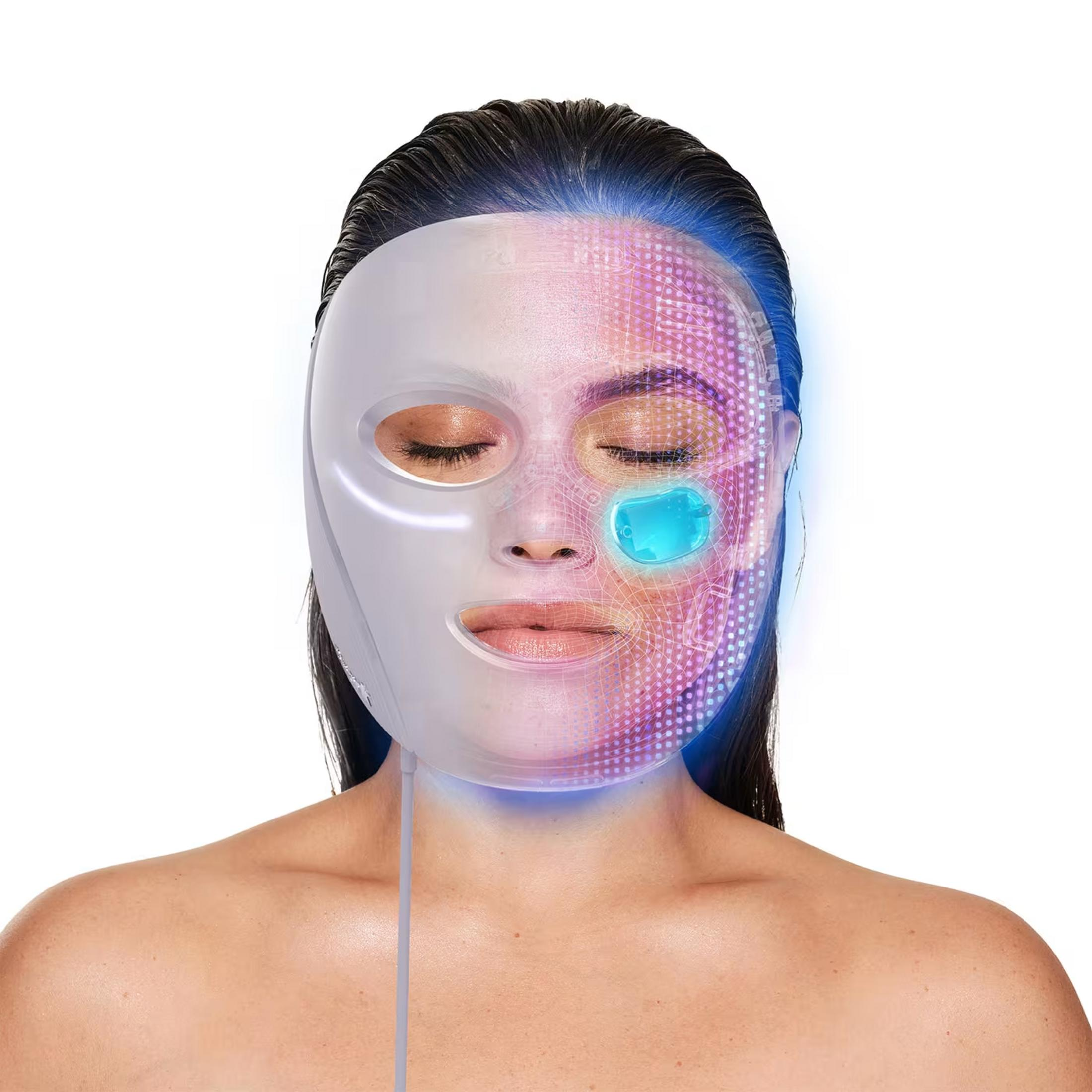 Woman wearing a face mask with digital display on half her face.