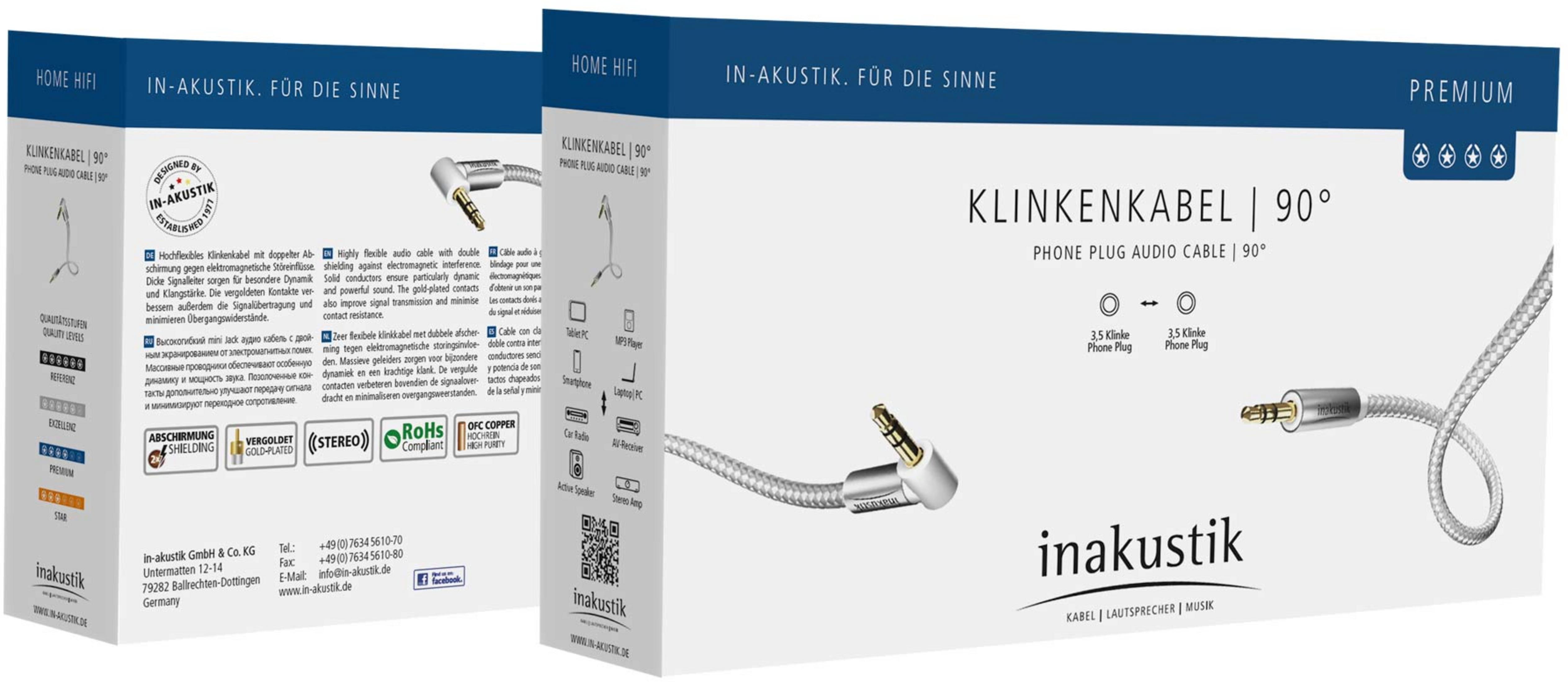 Zwei Verpackungen für ein 90° Klinkenkabel mit 3,5mm Stecker und vergoldeten Kontakten.