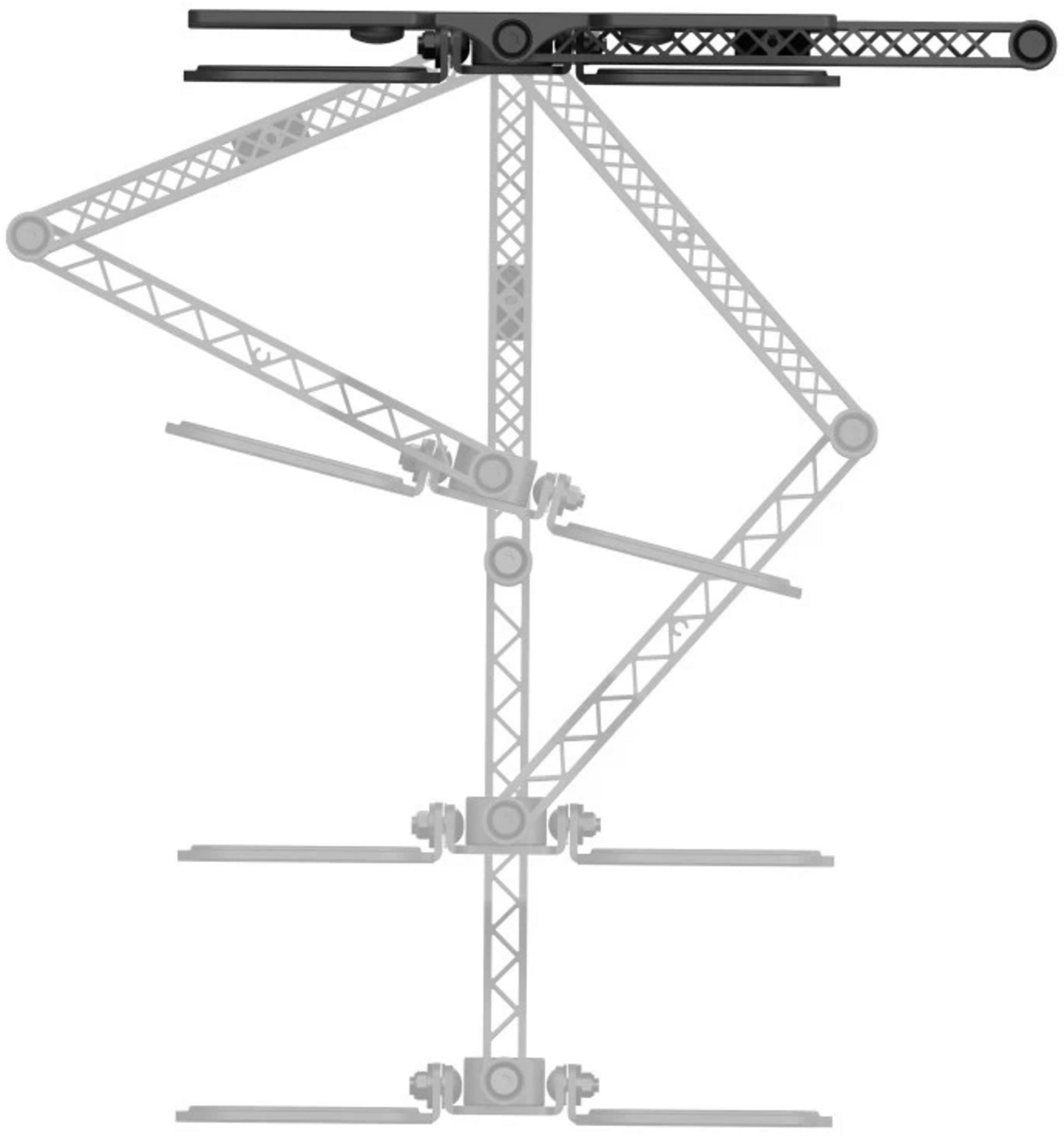 Ein graues Scherengitter-System mit mehreren Ebenen und Gelenken auf weißem Hintergrund.