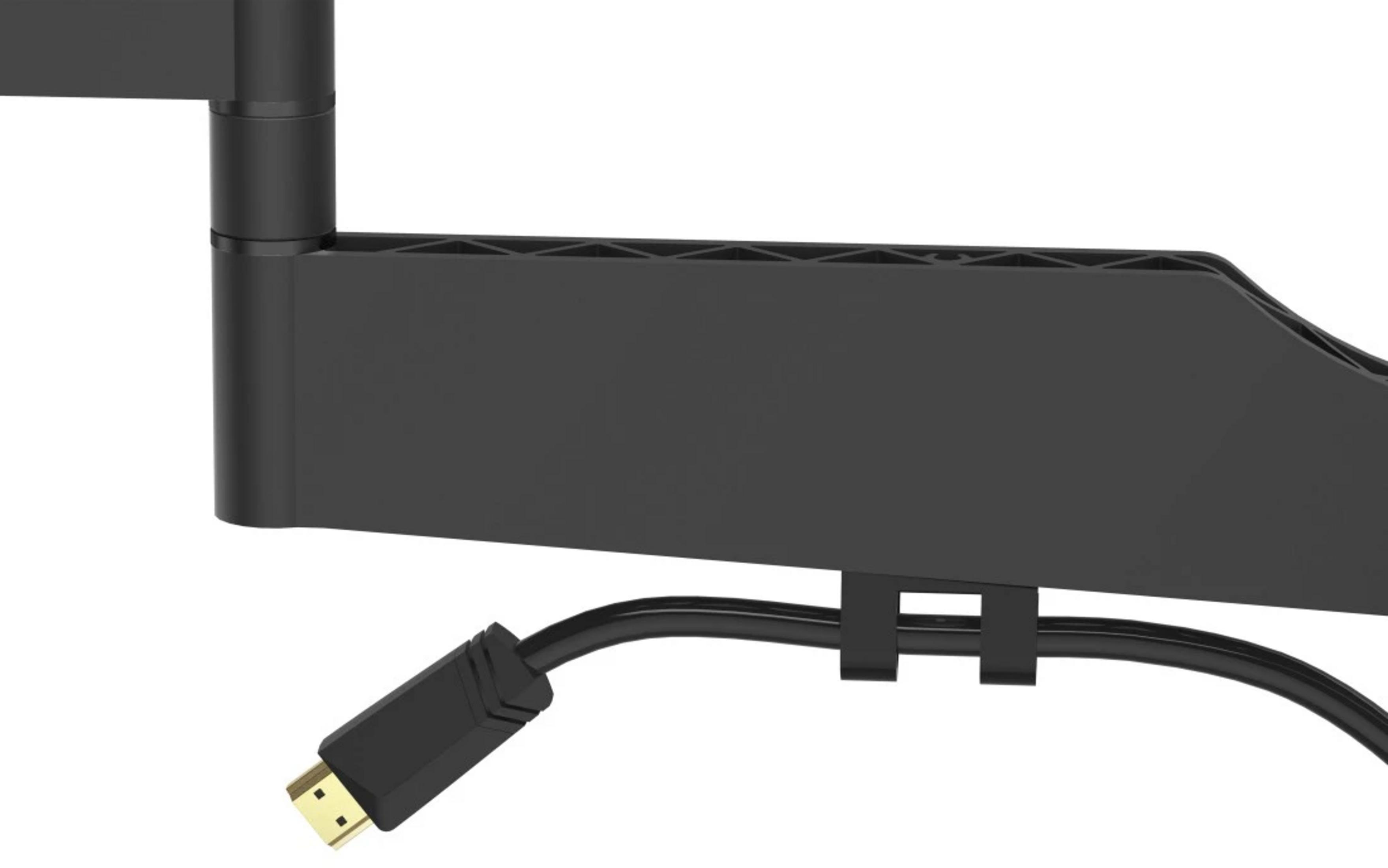 Ein schwarzer HDMI-Stecker ist an einem Arm befestigt, der aus einem schwarzen Gelenk herausragt.