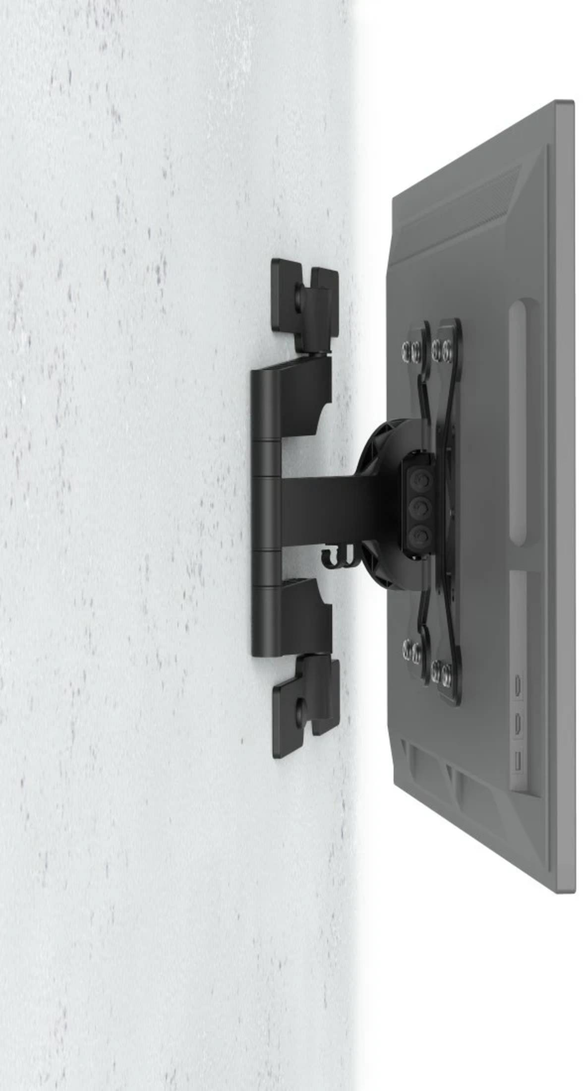 Schwarze TV-Wandhalterung mit ausziehbarem Arm, montiert an weißer Wand.