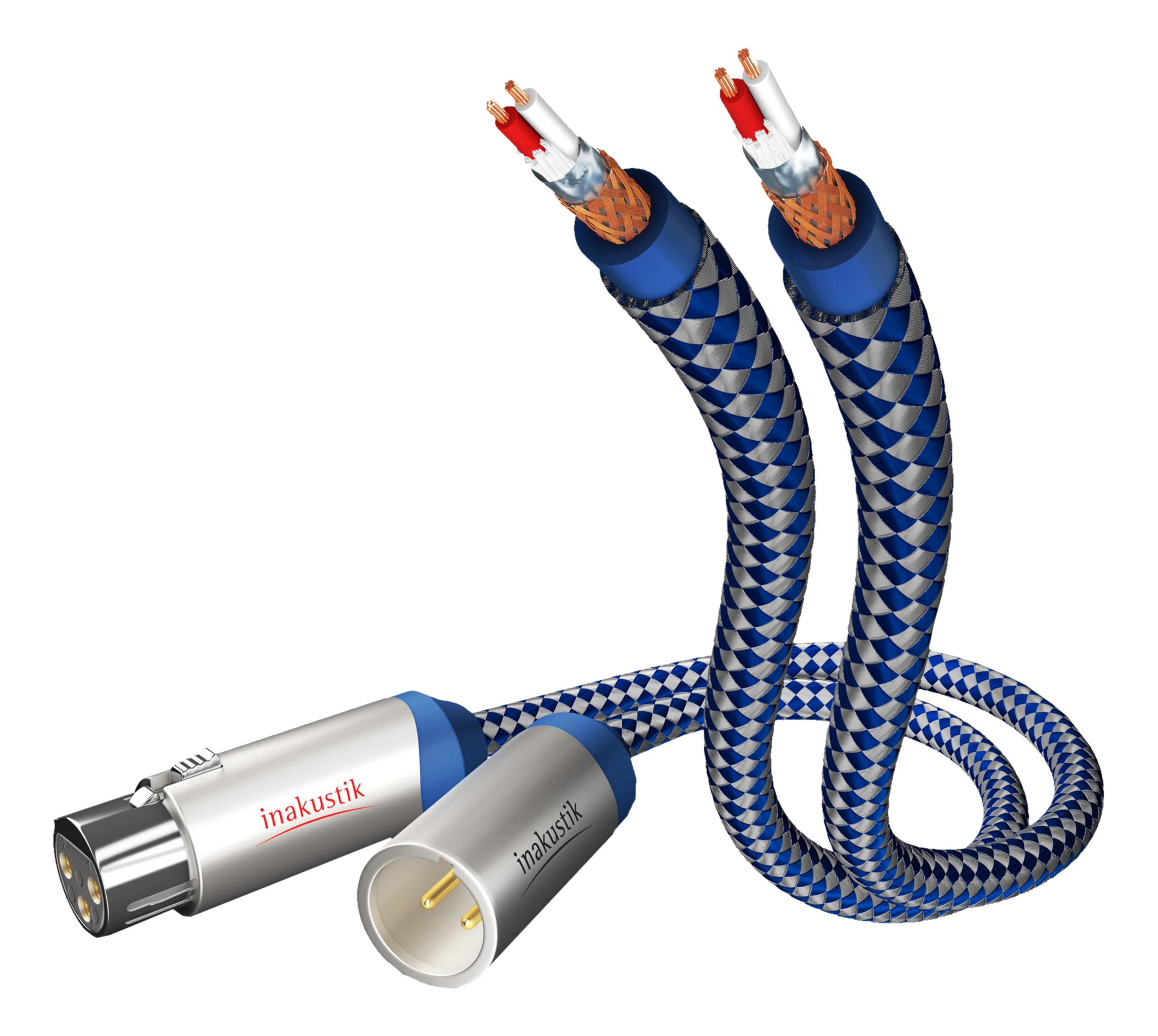 Deux câbles audio bleus et argentés avec connecteurs XLR, sur fond blanc.
