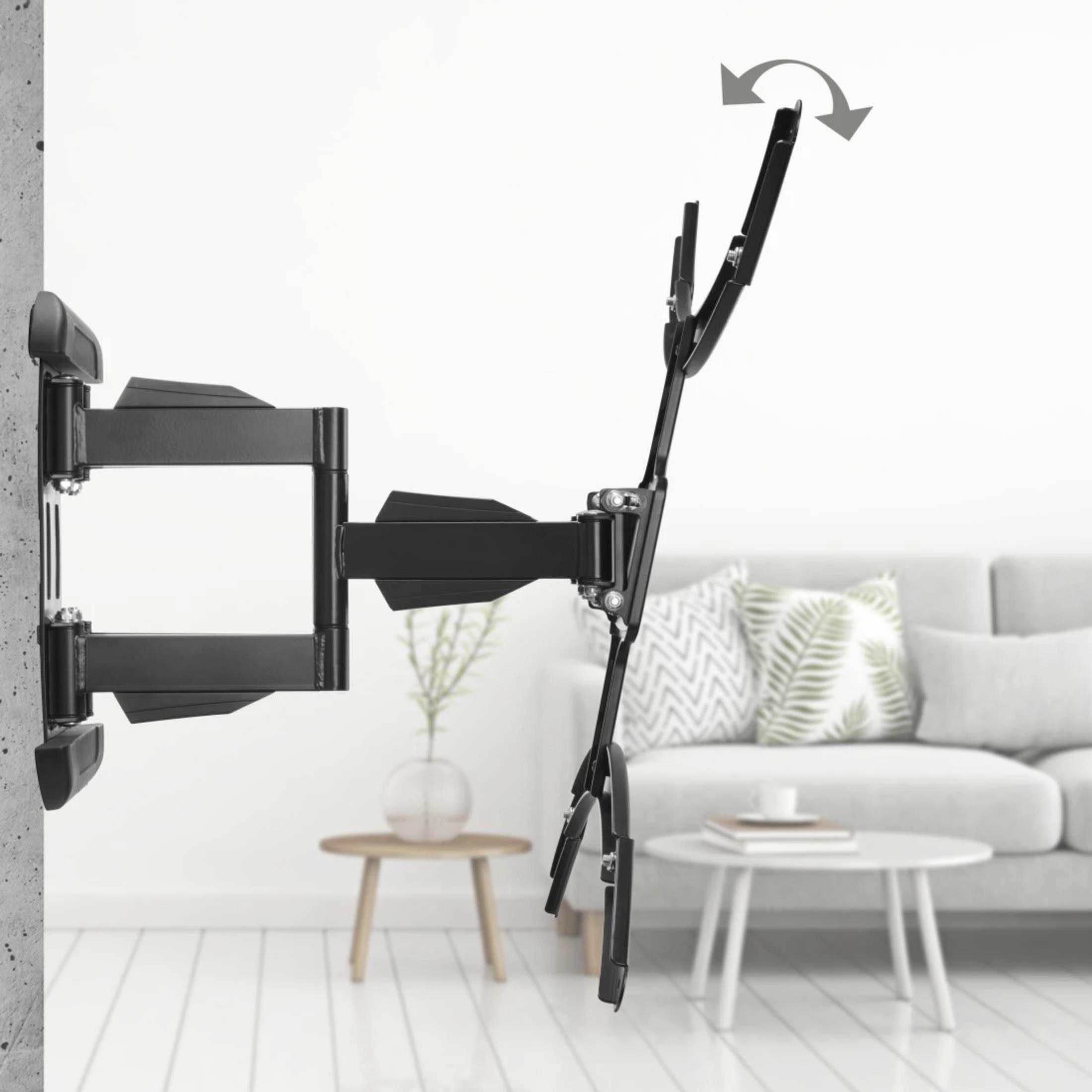 Ein schwarzer TV-Wandhalter mit schwenkbarem Arm ist an einer Betonwand montiert.