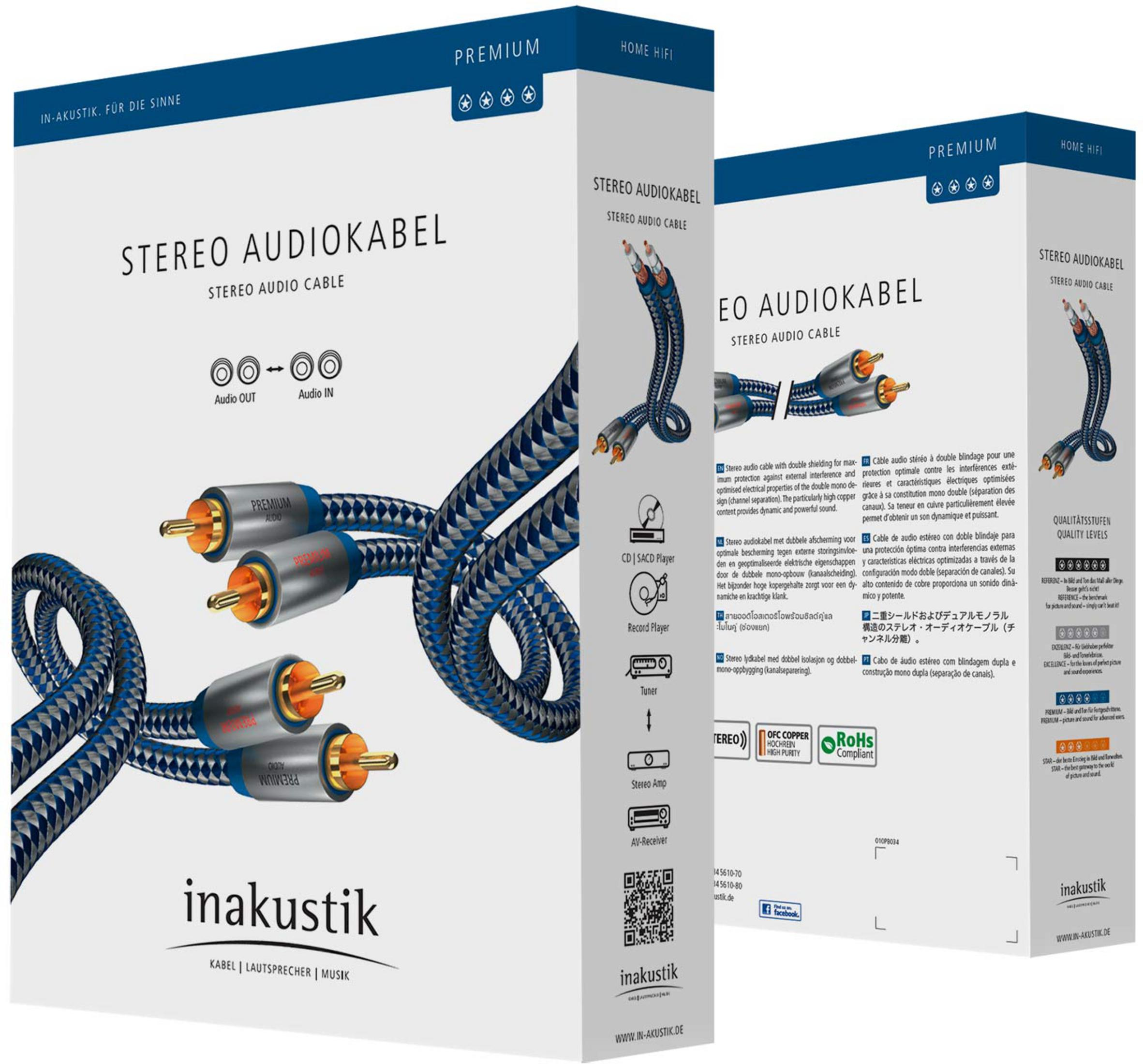 Stereo audio cable with red and silver connectors, blue-black braiding.