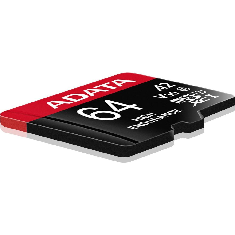 ADATA 64GB MicroSDXC-Karte mit rotem und schwarzem Design, hoher Ausdauer.
