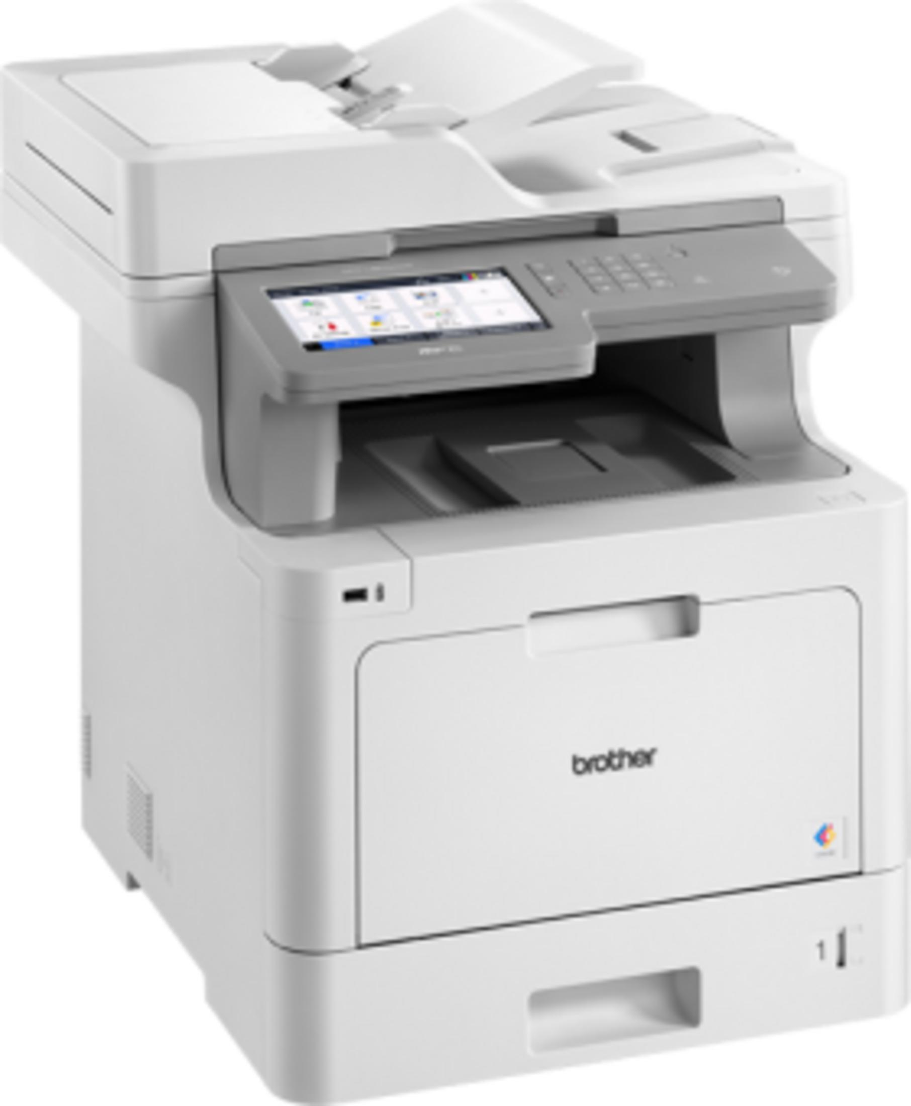 Viene mostrata una stampante laser Brother bianca con touchscreen e alimentatore.