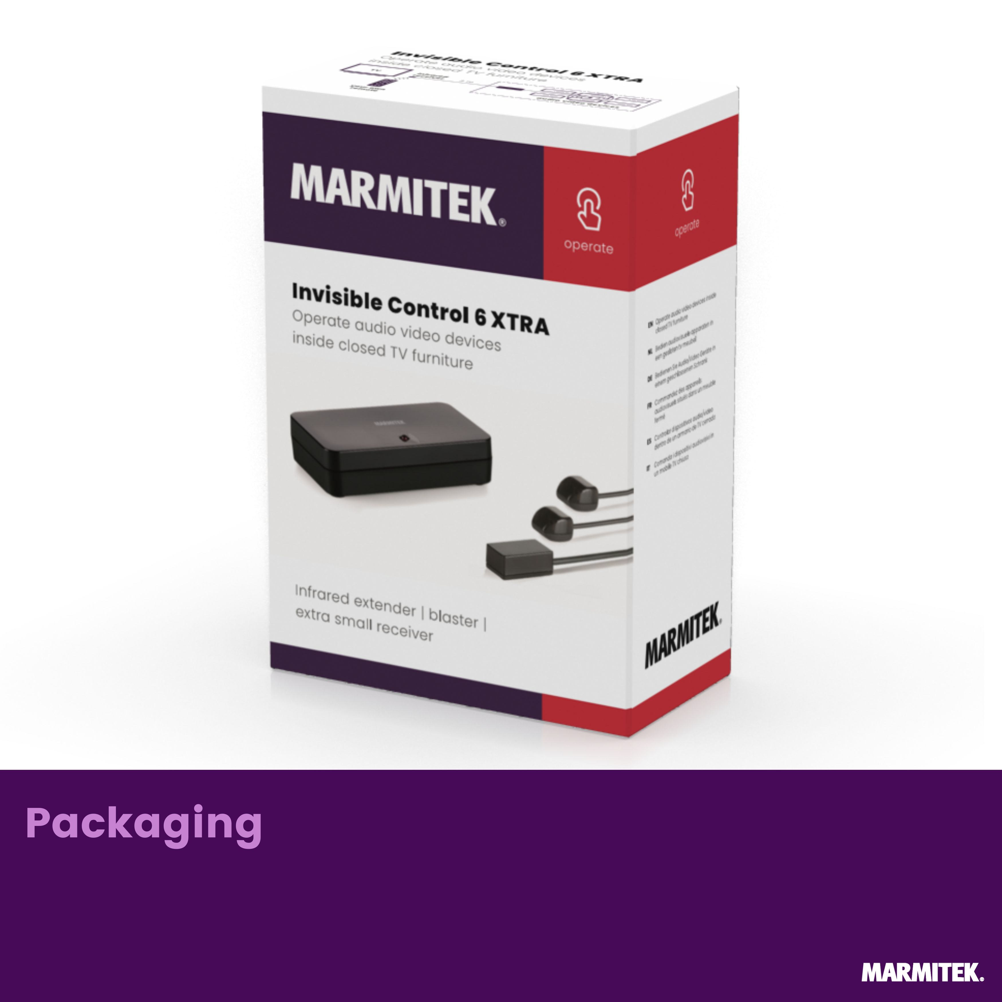 Marmitek Invisible Control 6 XTRA Verpackung mit schwarzem Empfänger und Kabeln.
