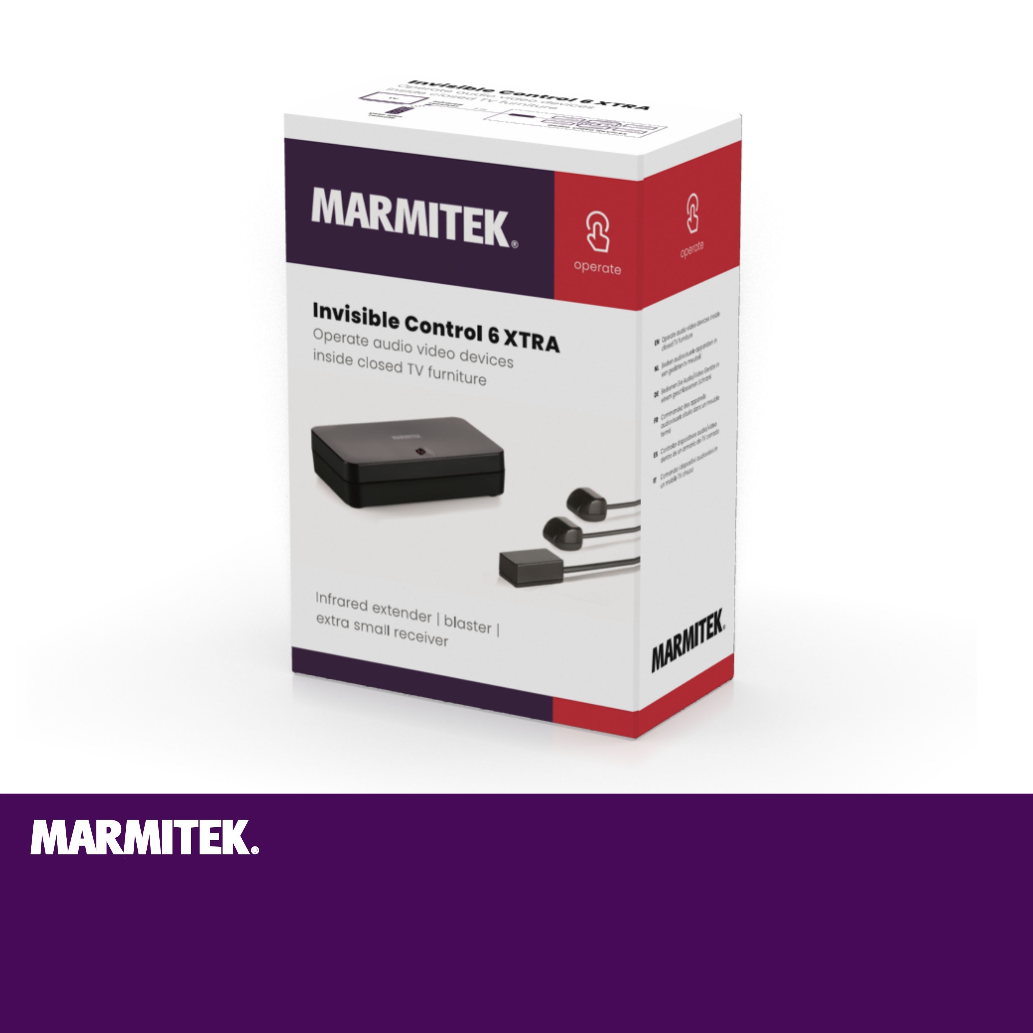 Marmitek-Verpackung mit schwarzem Empfänger und IR-Sendern.