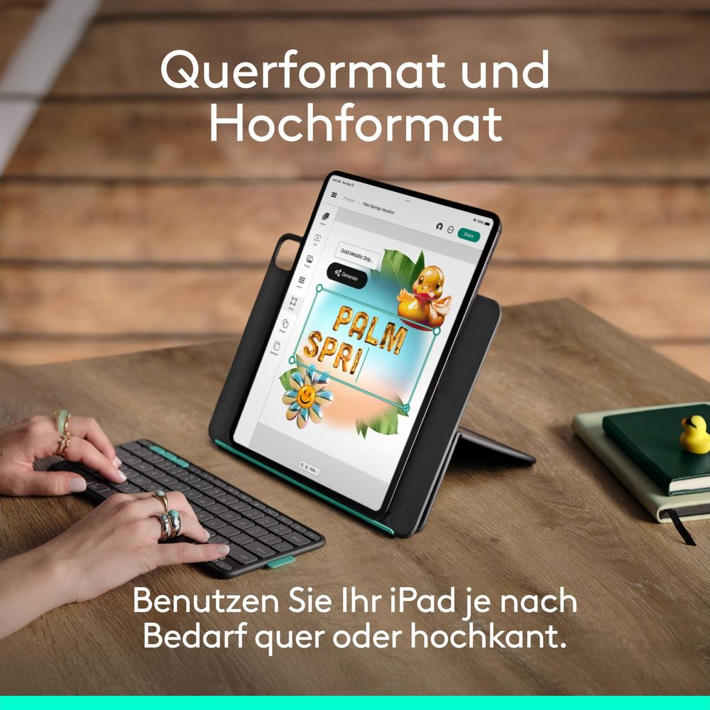 Un tablet che mostra un design è visualizzato in verticale e orizzontale. Una tastiera è accanto.