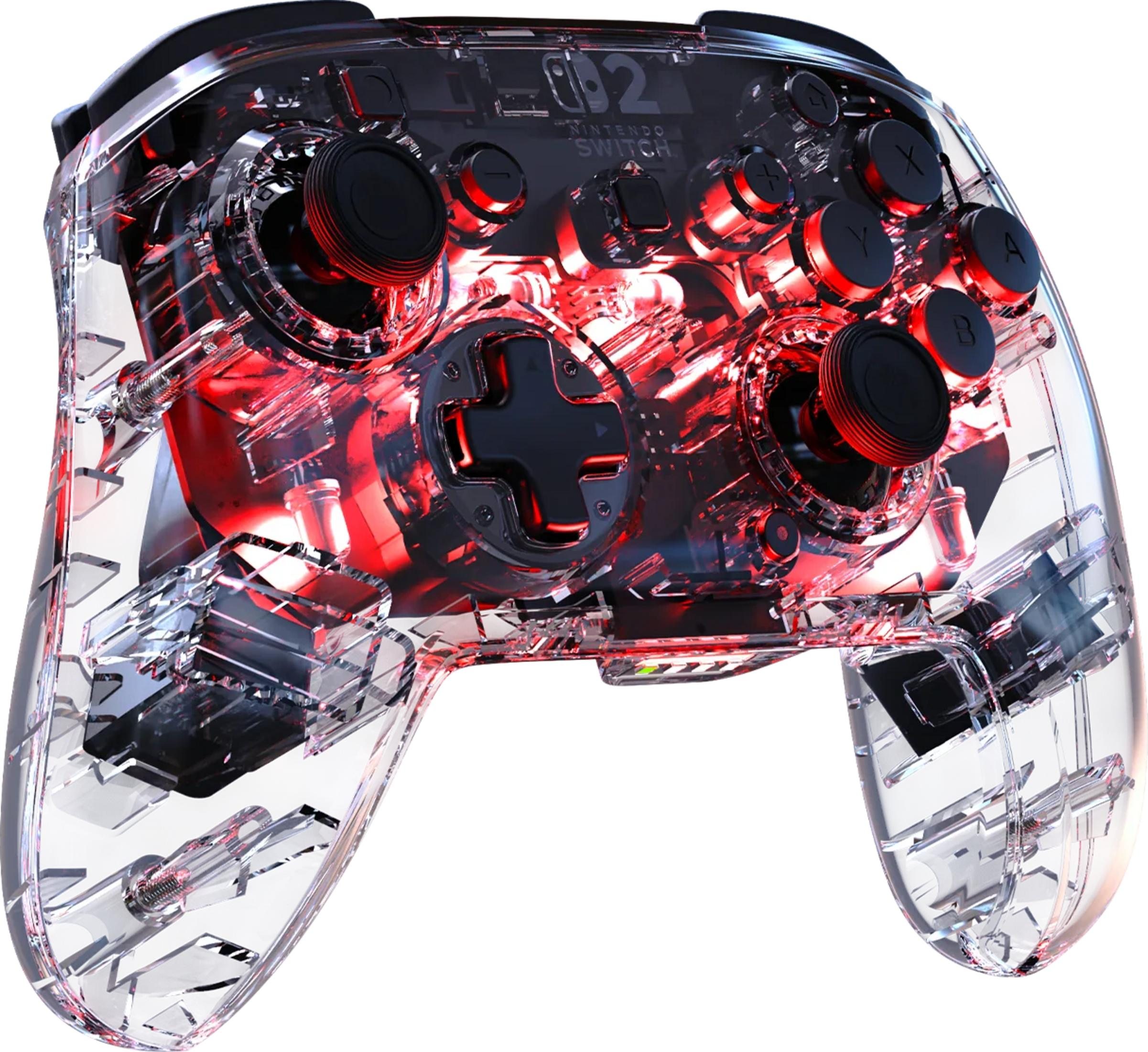 Transparenter Nintendo Switch Controller mit roten Lichtern und sichtbaren internen Komponenten.