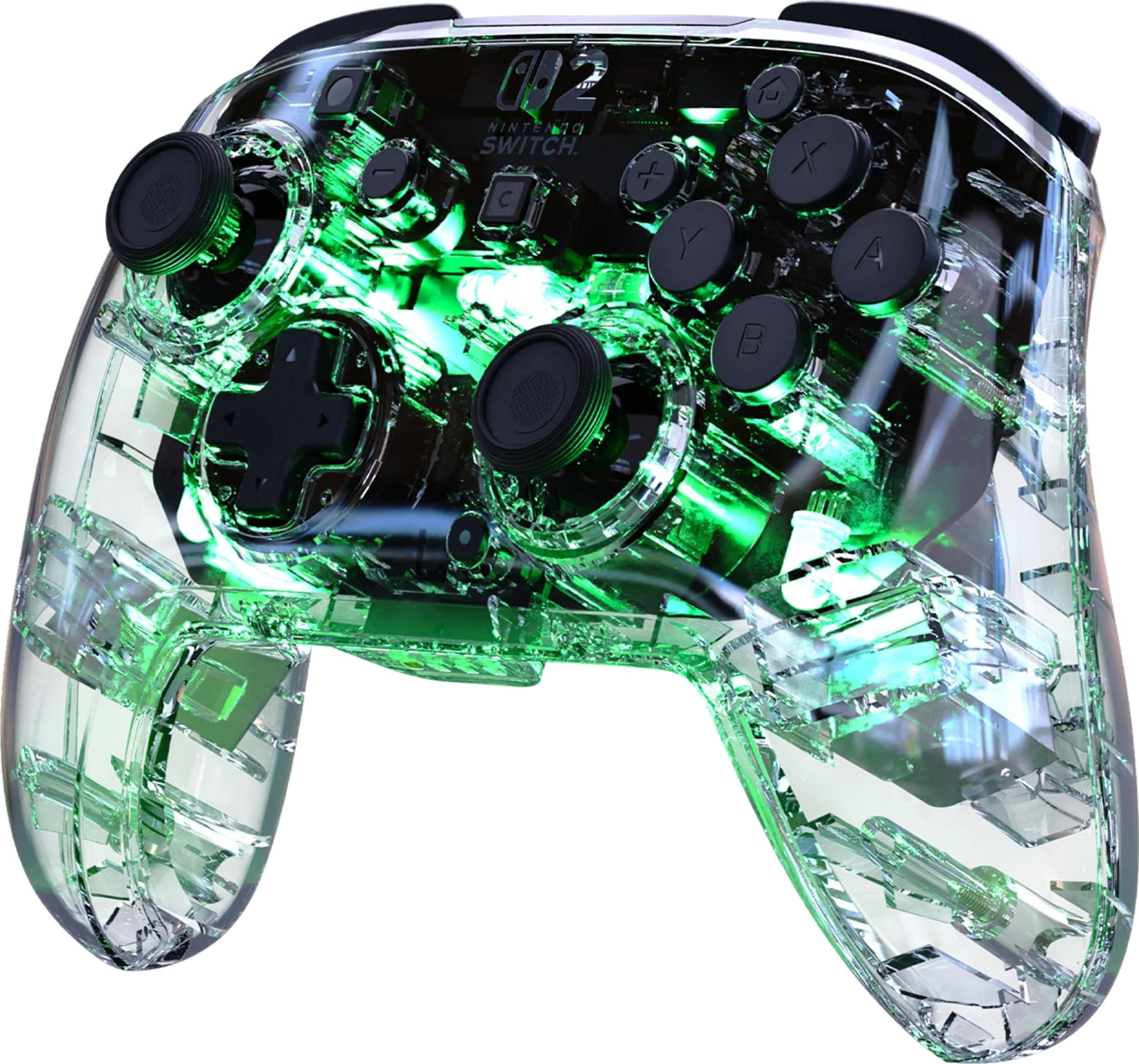 Durchsichtiger Nintendo Switch Controller mit grüner LED-Beleuchtung.