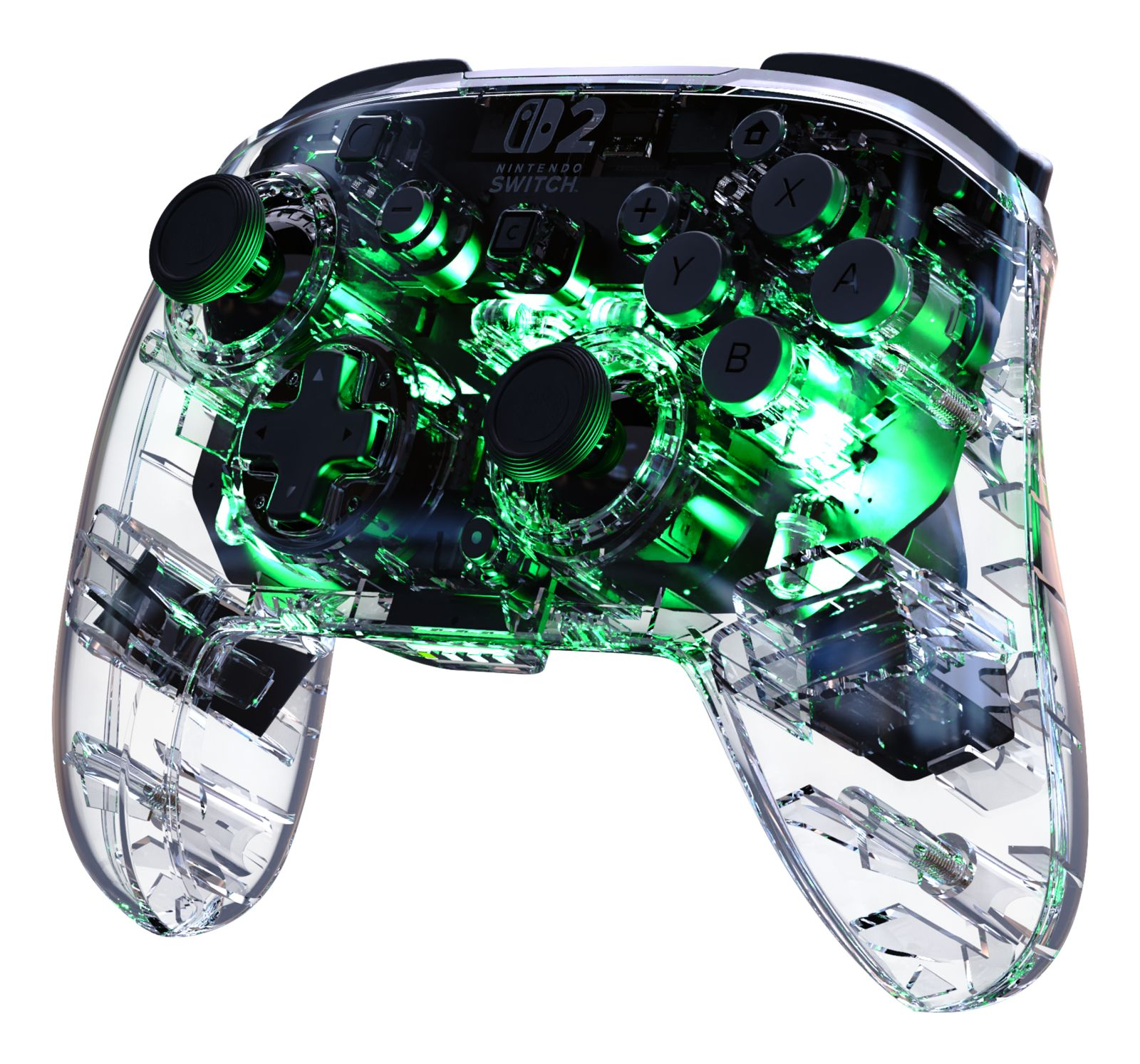 Transparenter Controller mit grüner Beleuchtung und sichtbaren internen Komponenten.