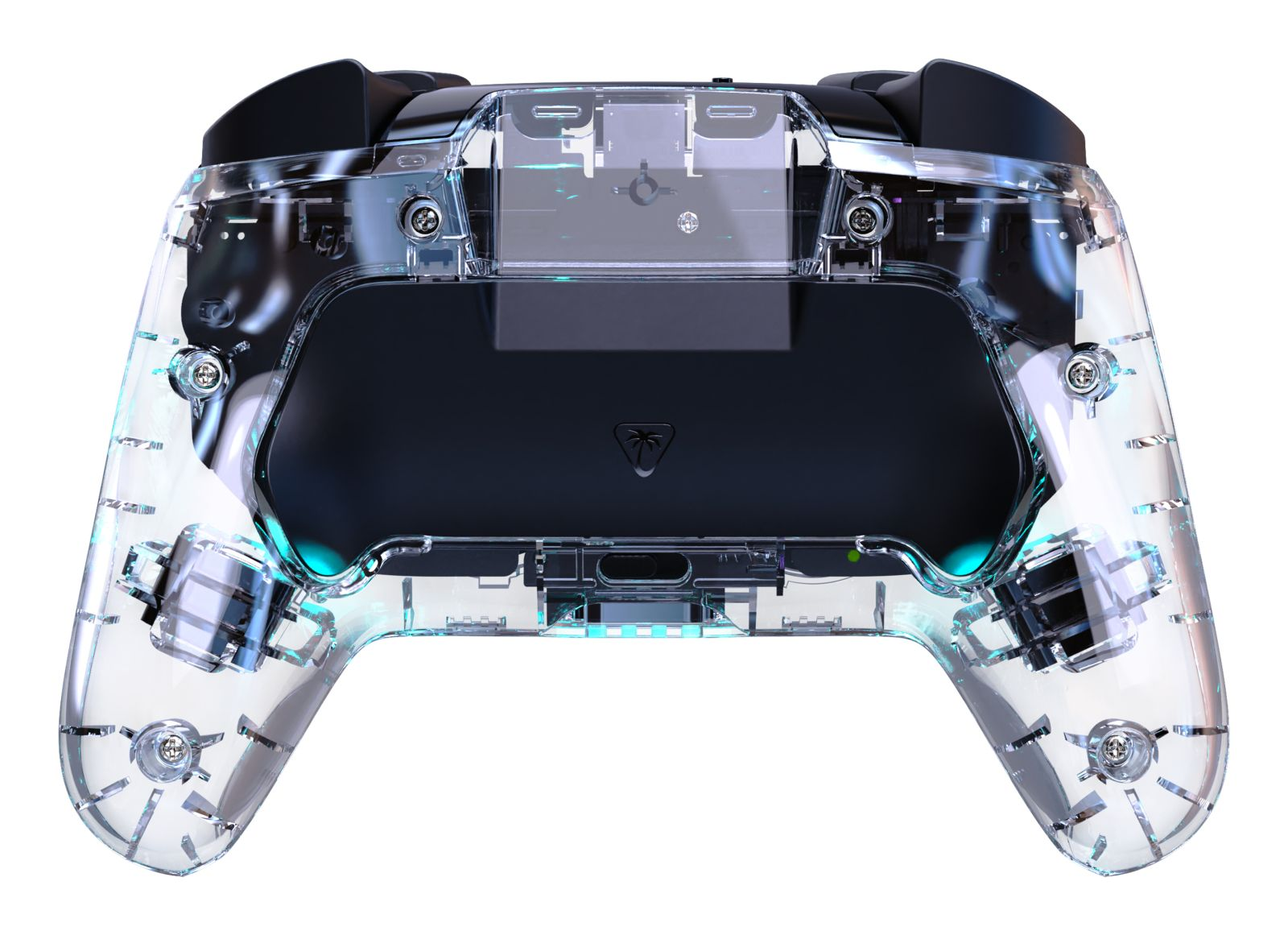 Transparenter Controller mit sichtbaren Innenteilen und blauen Lichtern.