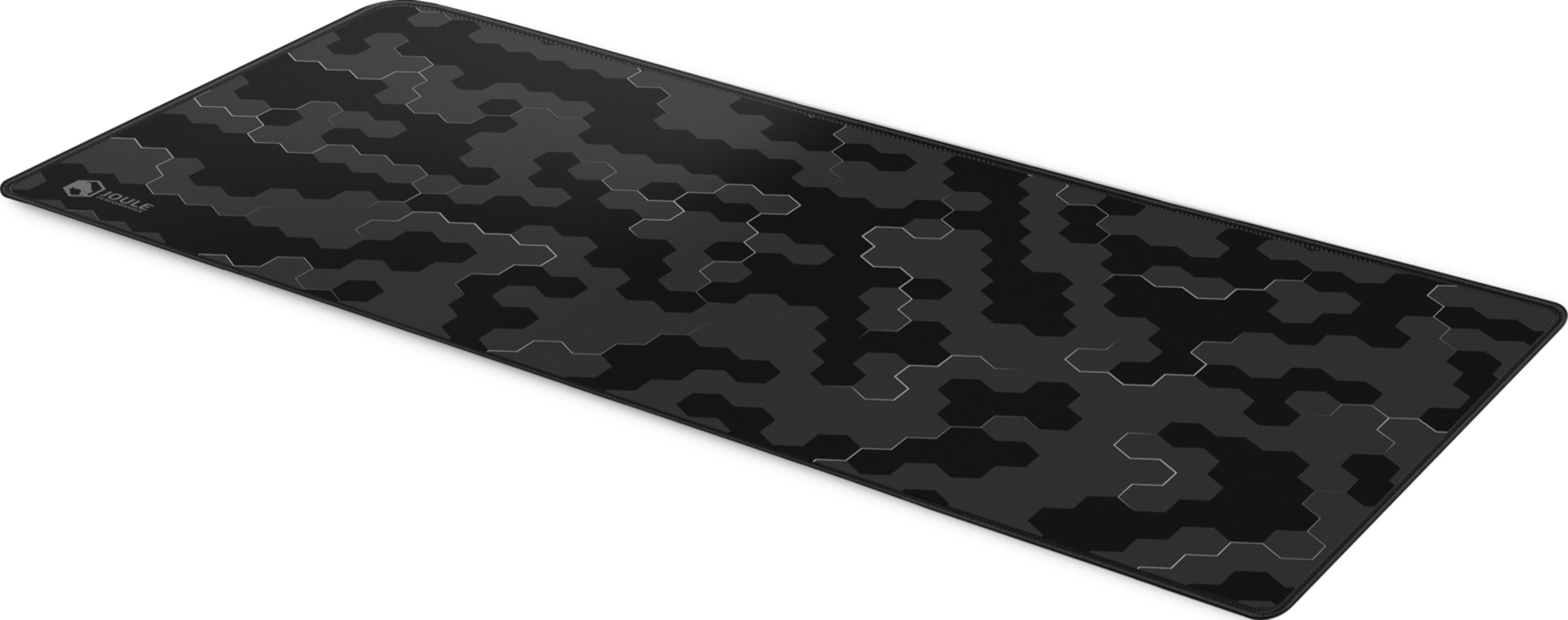 Tapis de souris noir avec motif camouflage hexagonal gris et logo.