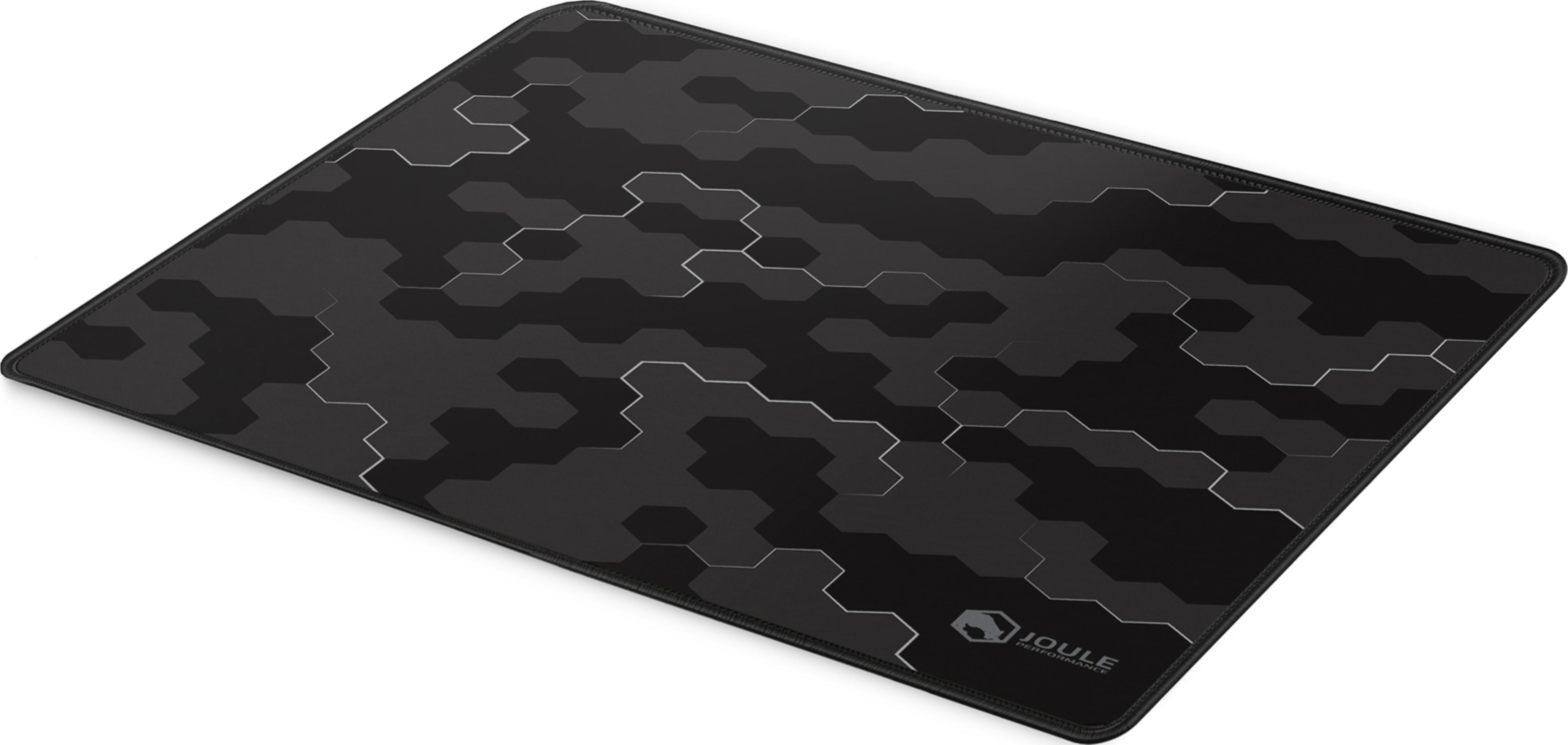 Tapis de souris noir avec motif camouflage hexagonal gris et logo argenté.